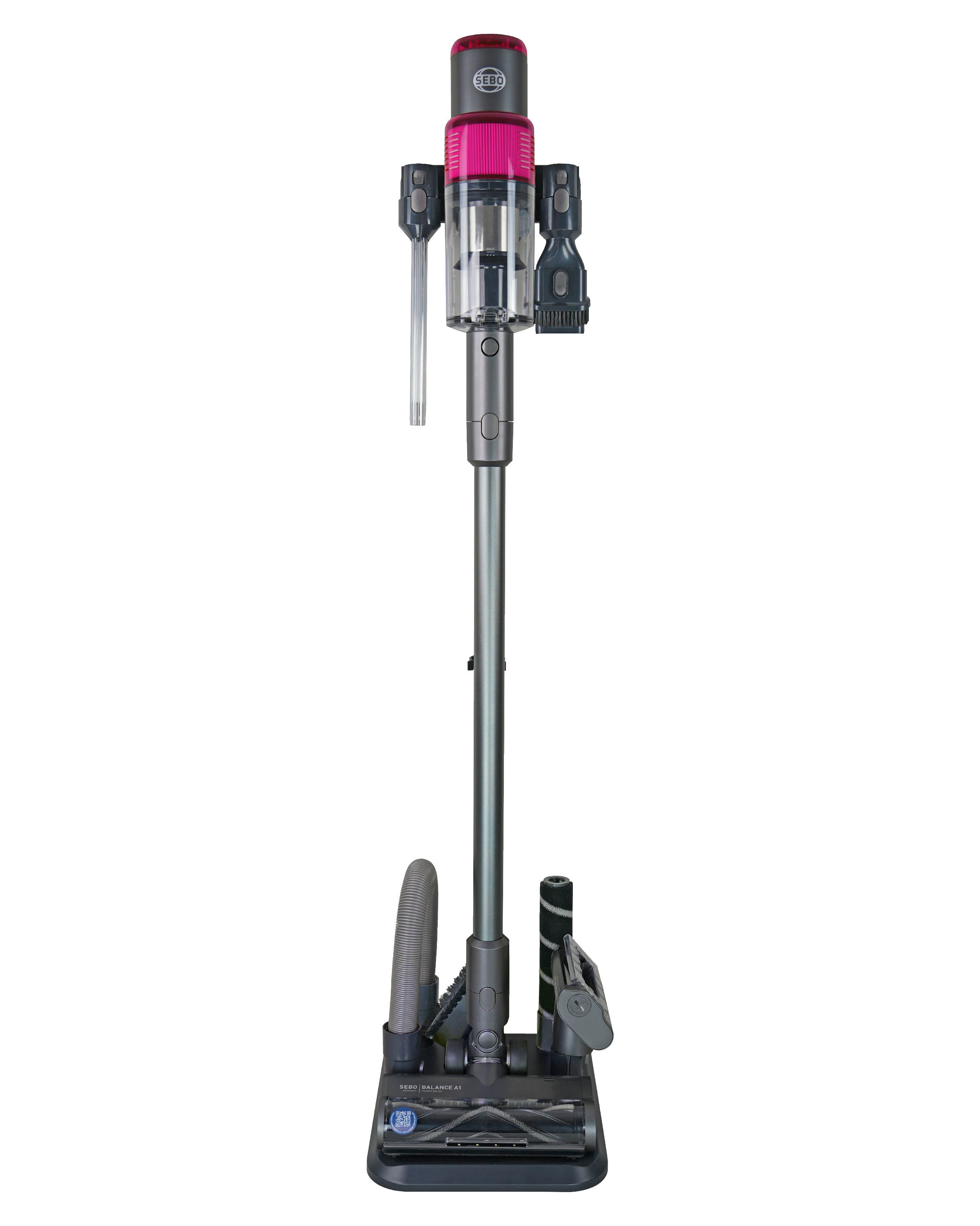 SEBO Balance A1 vacuum with upright storage station and tools
