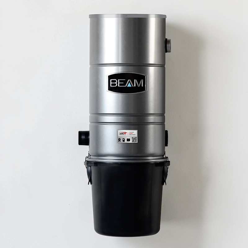 Stainless steel vacuum cleaner with 'Beam' branding on a white background