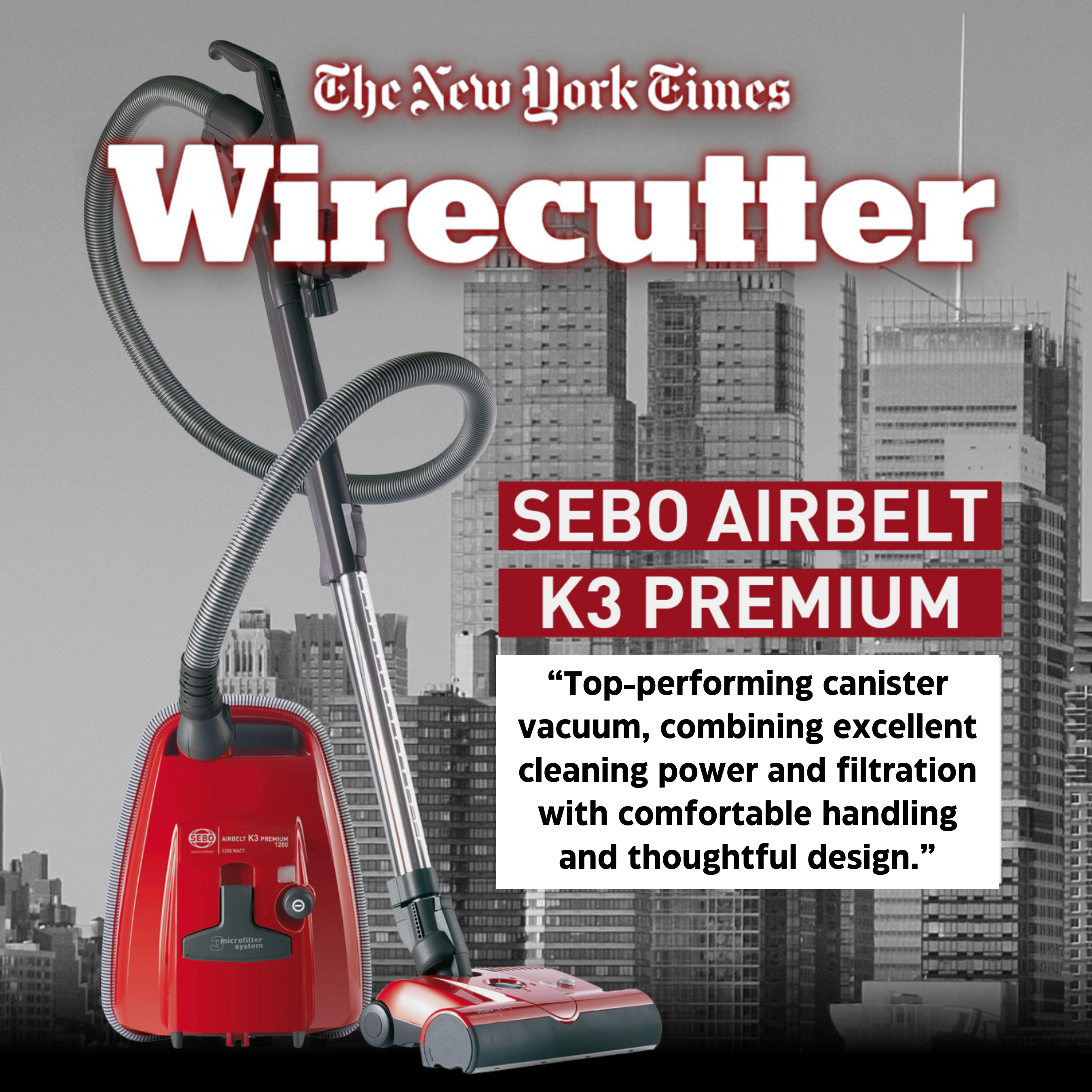 New York Times wire cutter rated Sebo Airbelt k3 premium top performing canister of the year 2024 10 year warranty
