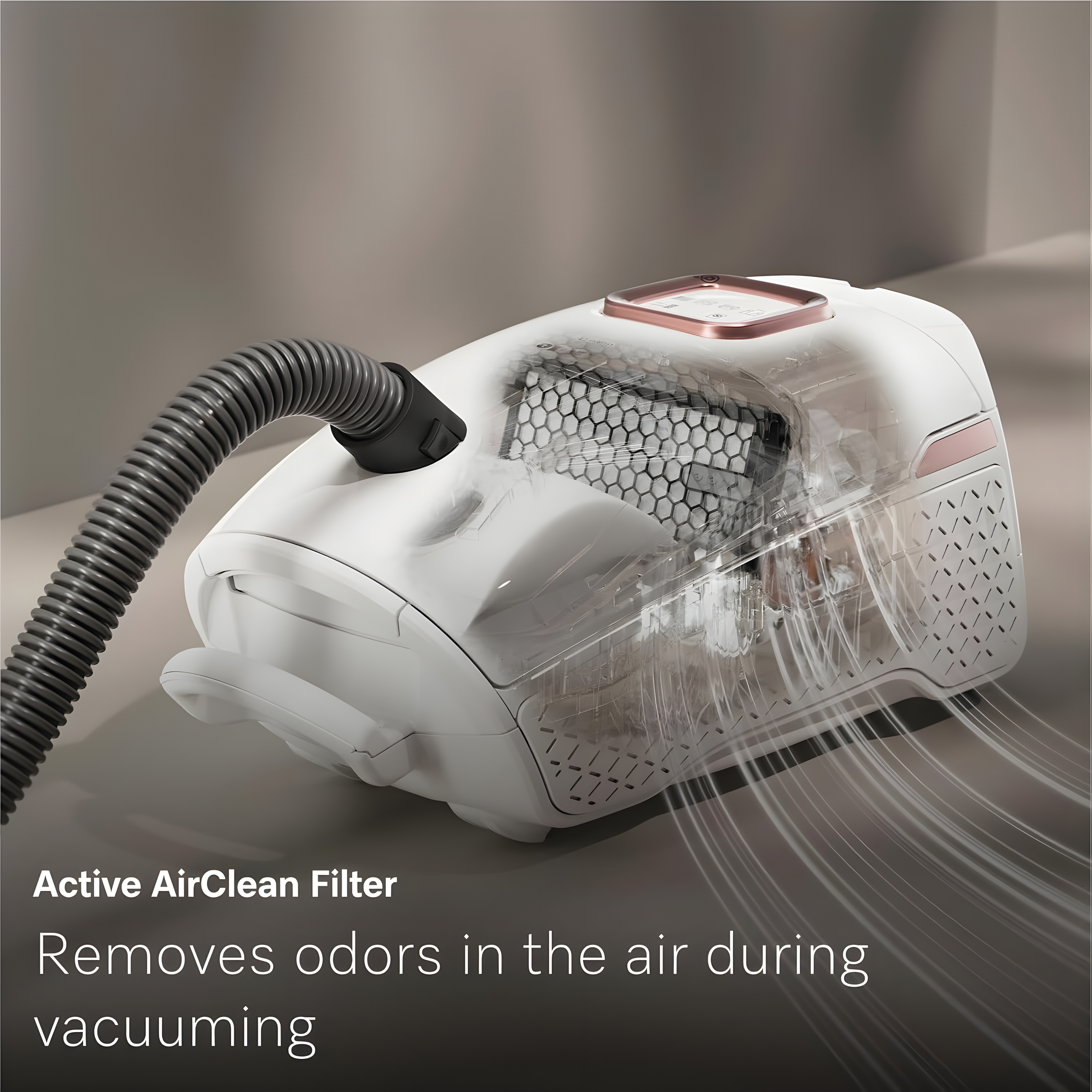 White Miele Guard canister vacuum cutaway showing Active Air Clean Filtration