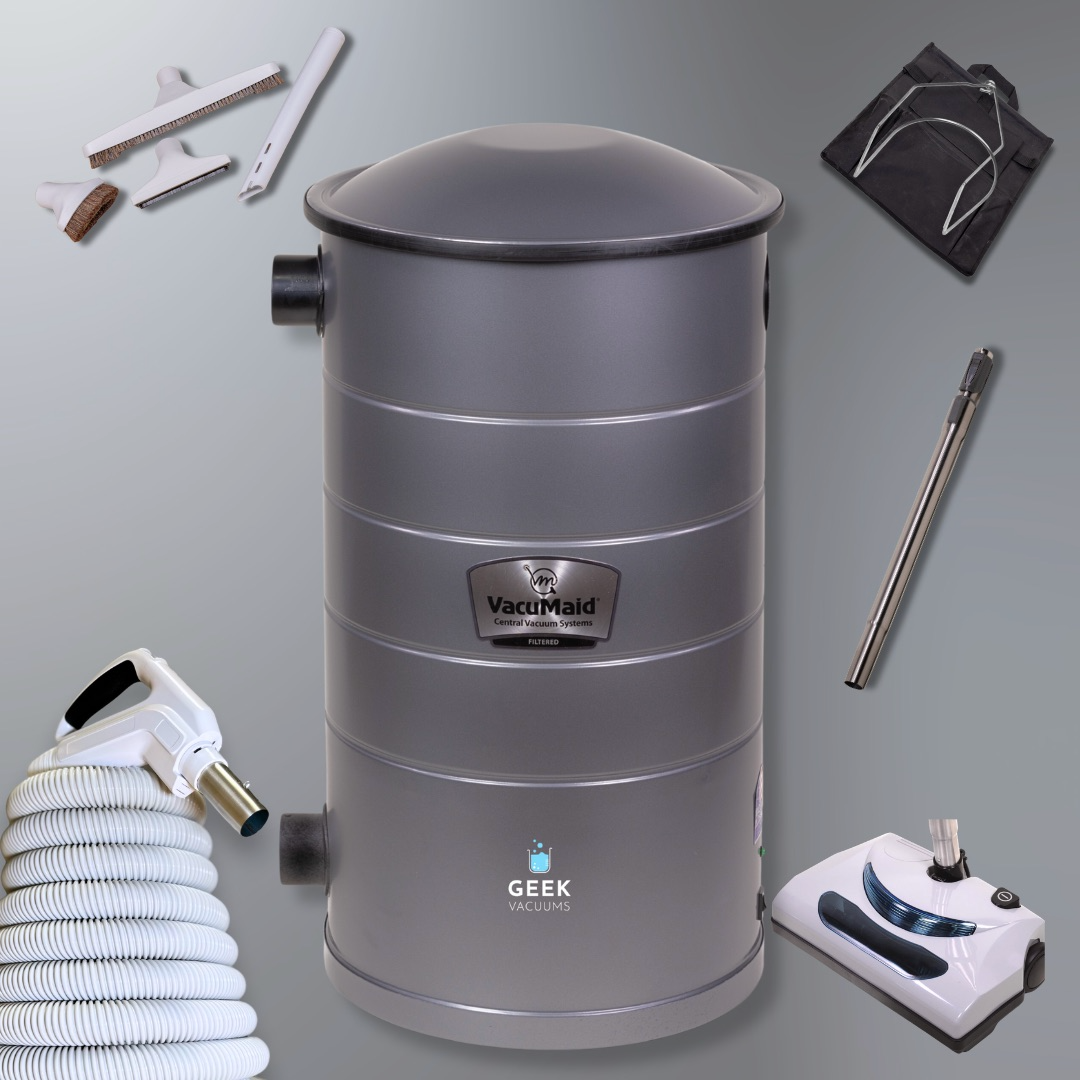 Commercial Central Vacuum system unit parts and accessories with white powerhead and black bag tools and wand on a gray background