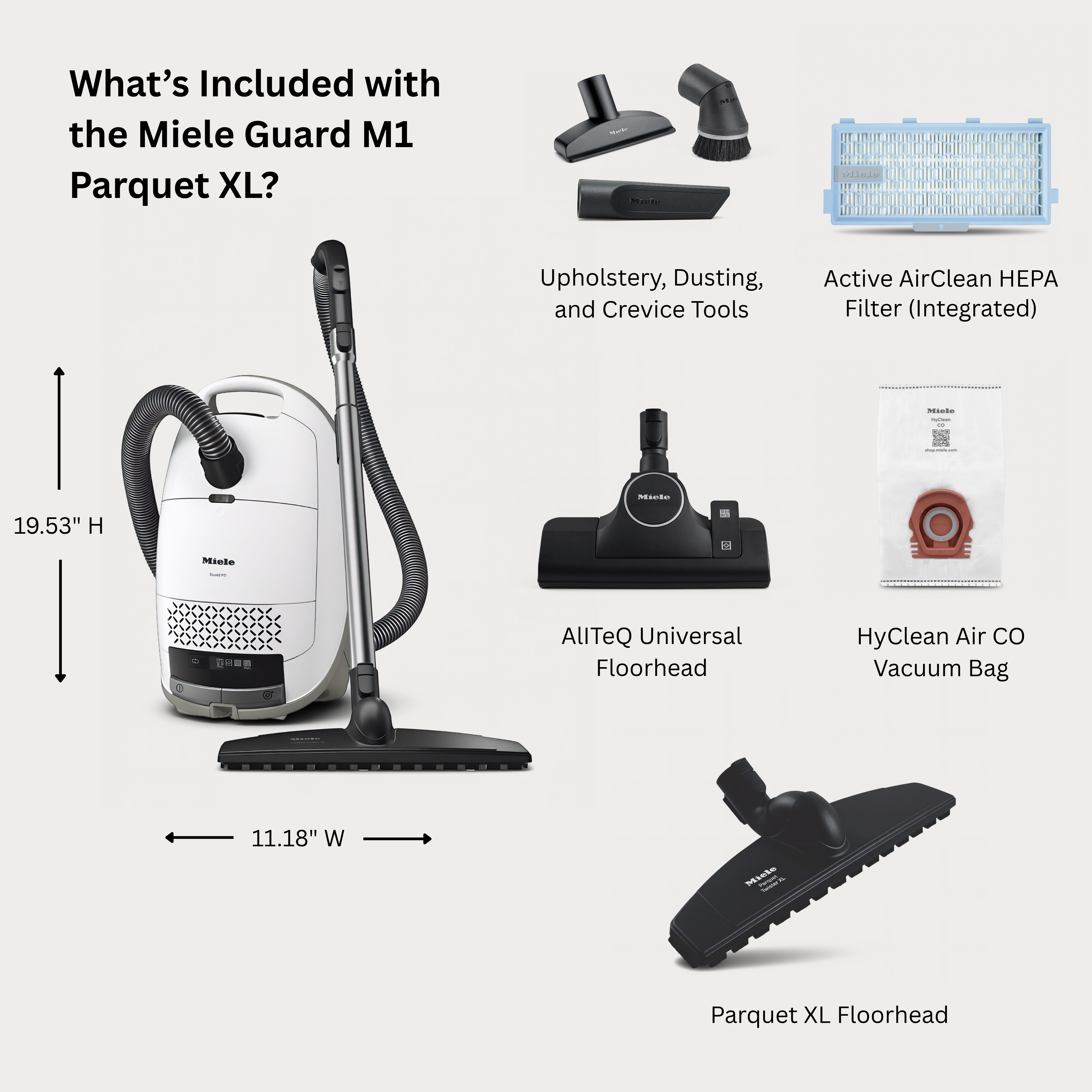 Miele Guard M1 Parquet XL canister vacuum with attachments, bag and filter