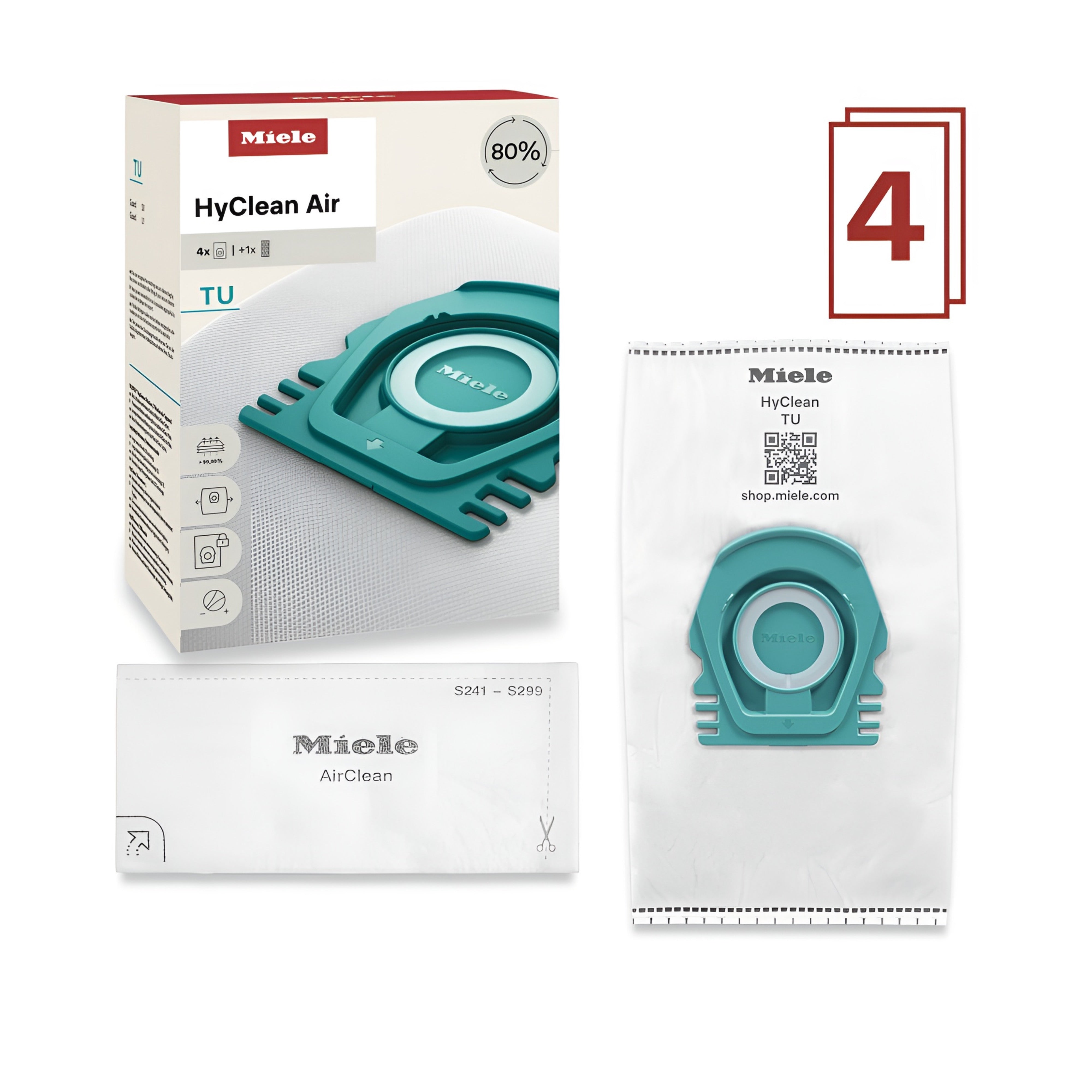 Front of box Miele TU HyClean Air 4 pack bags and one regular filter for Guard L1 and S1