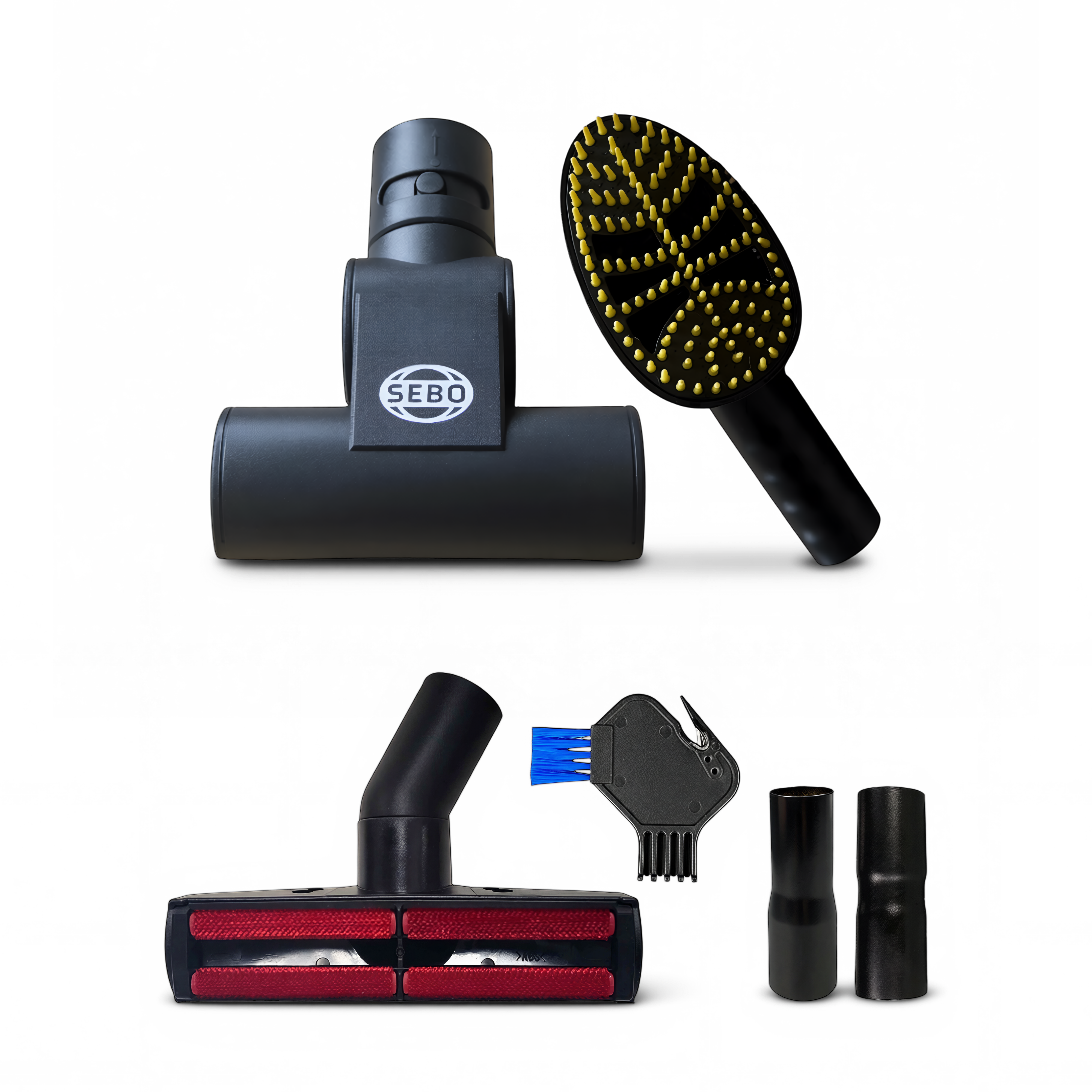 SEBO 1993PK 6 piece pet attachment set with upholstery nozzle turbo handheld brush grooming brush adapters and brush roller cleaning tool