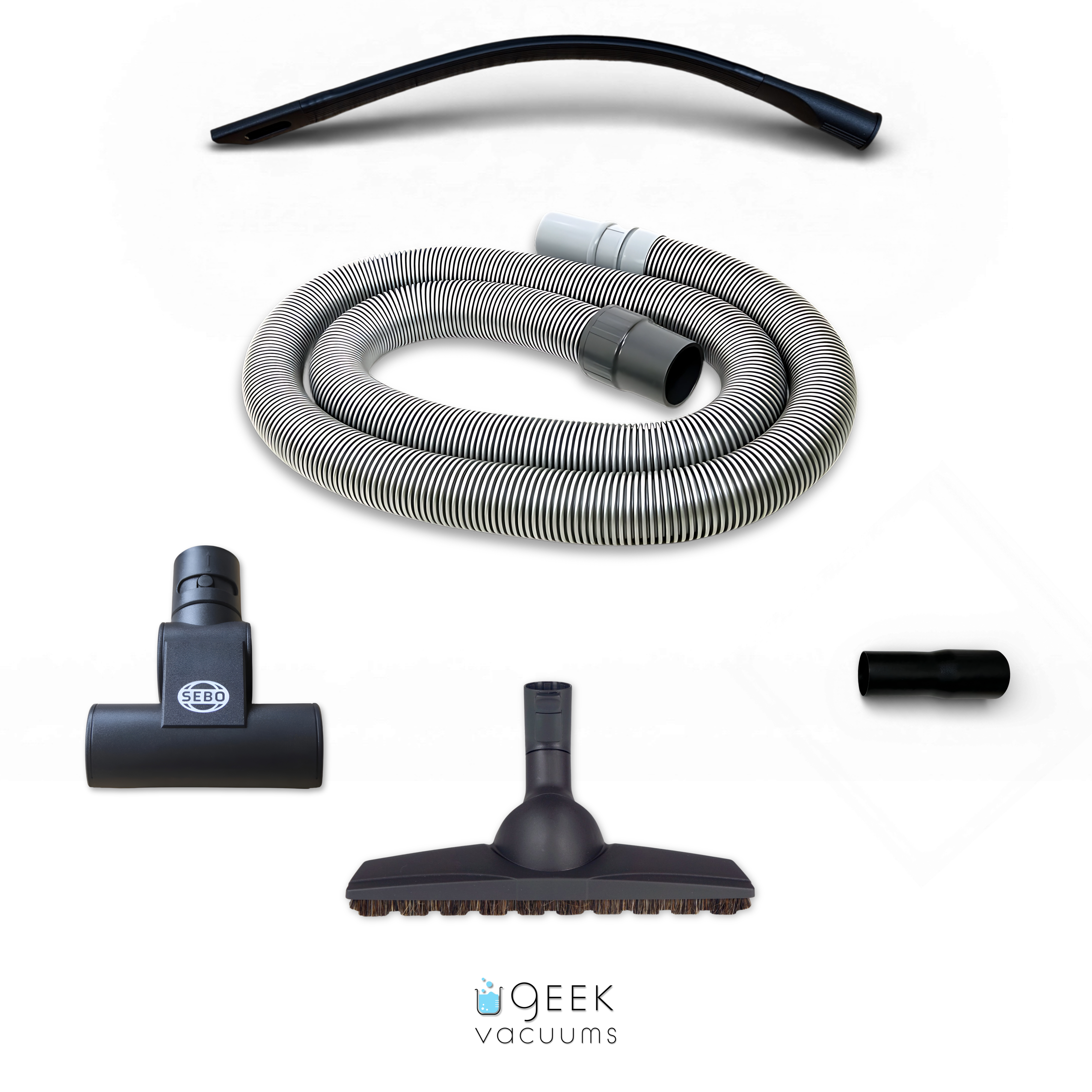 SEBO 5-piece canister vacuum attachment set with hose, turbo brush, parquet tool, crevice tool, and adapter