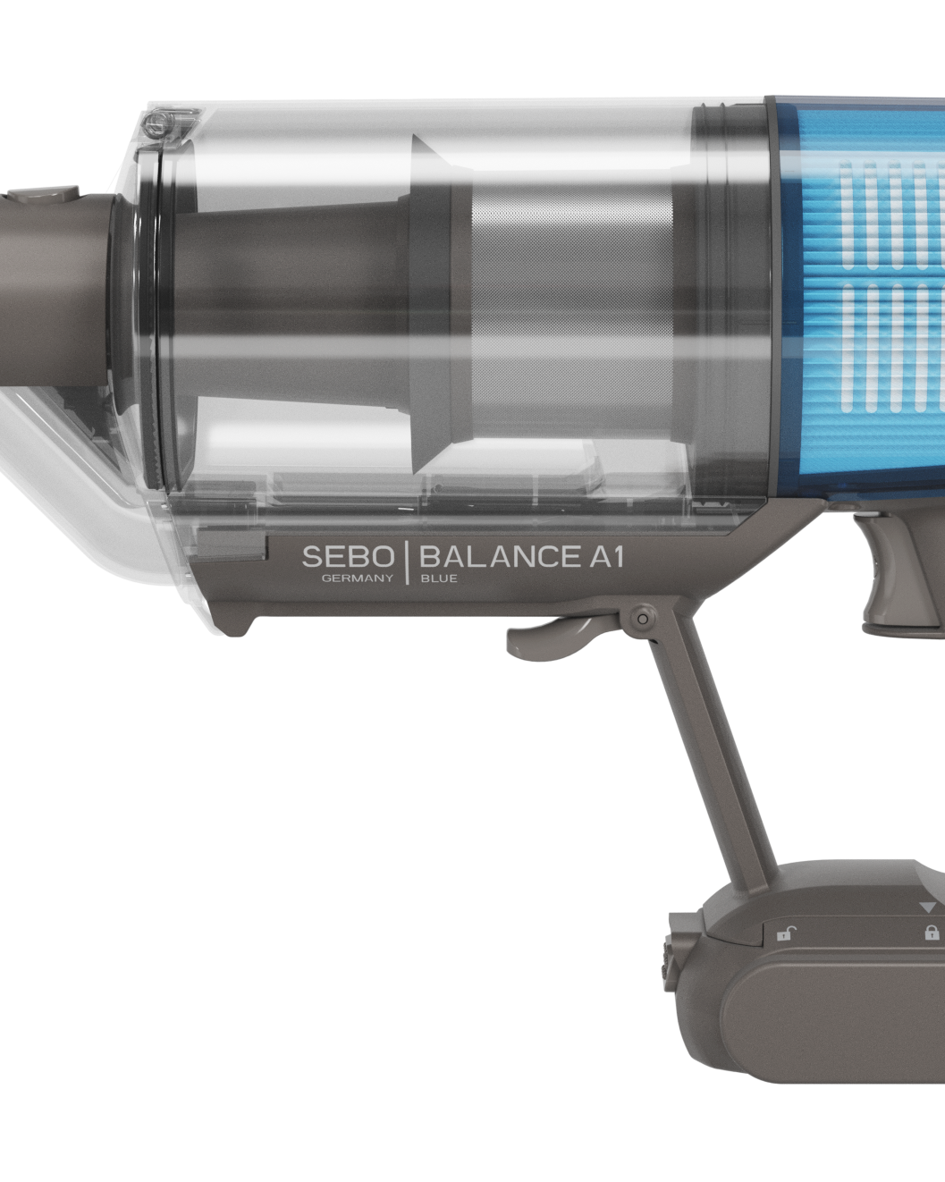 SEBO BALANCE A1 Blue cordless stick vacuum Handheld Side View