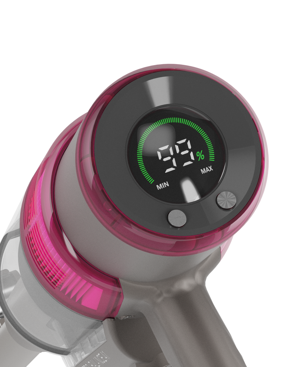 SEBO BALANCE A1 cordless stick vacuum Magenta Battery Charge Display