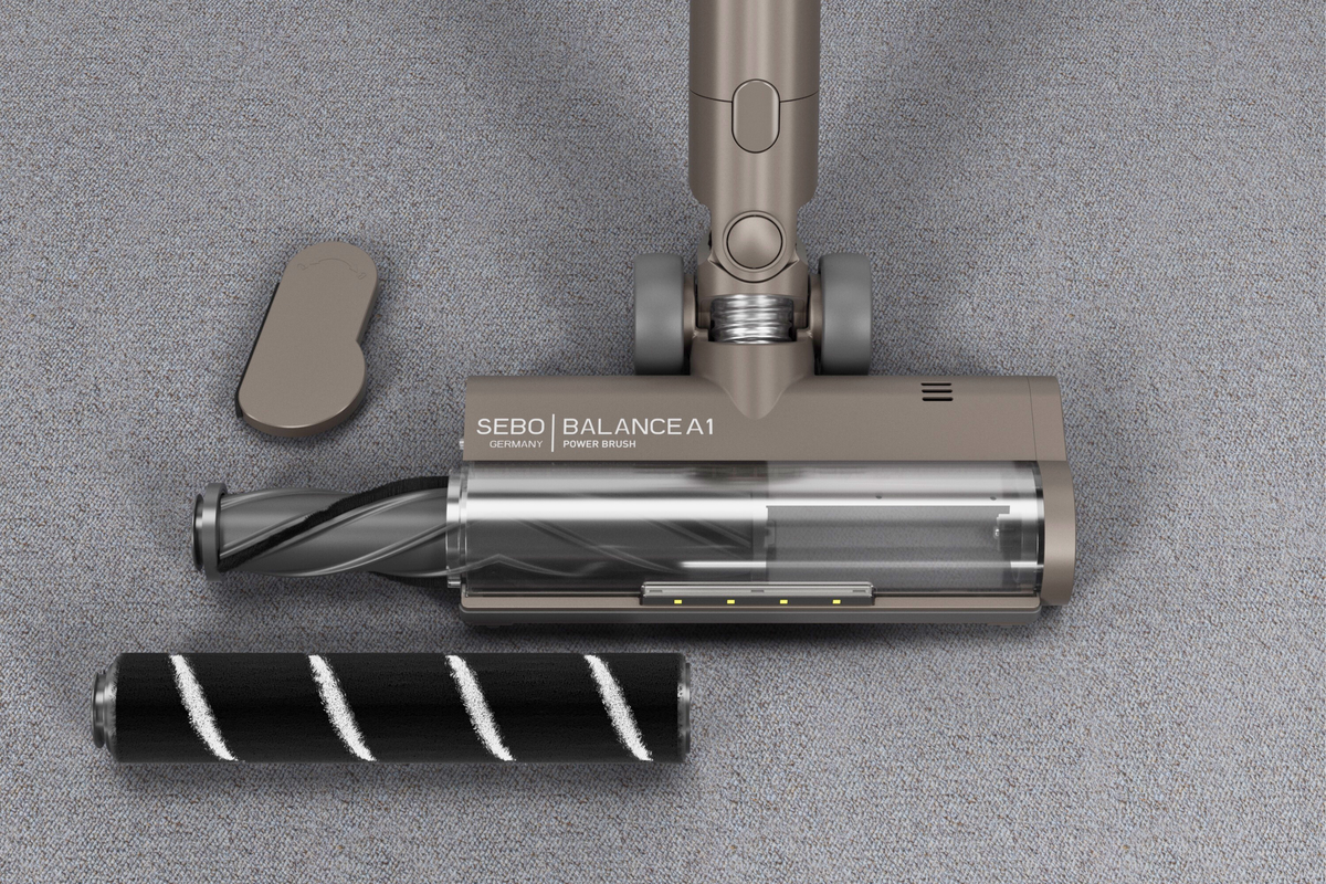SEBO Balance A1 brush roll removed from the powerhead for cleaning.