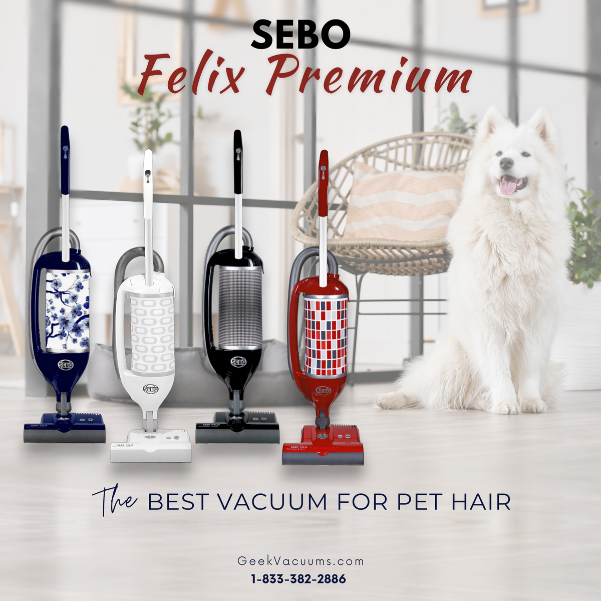 An image featuring Sebo Felix vacuum cleaners in various colors with a white dog in the background. The advertisement text promotes the vacuum as the best for pet hair.