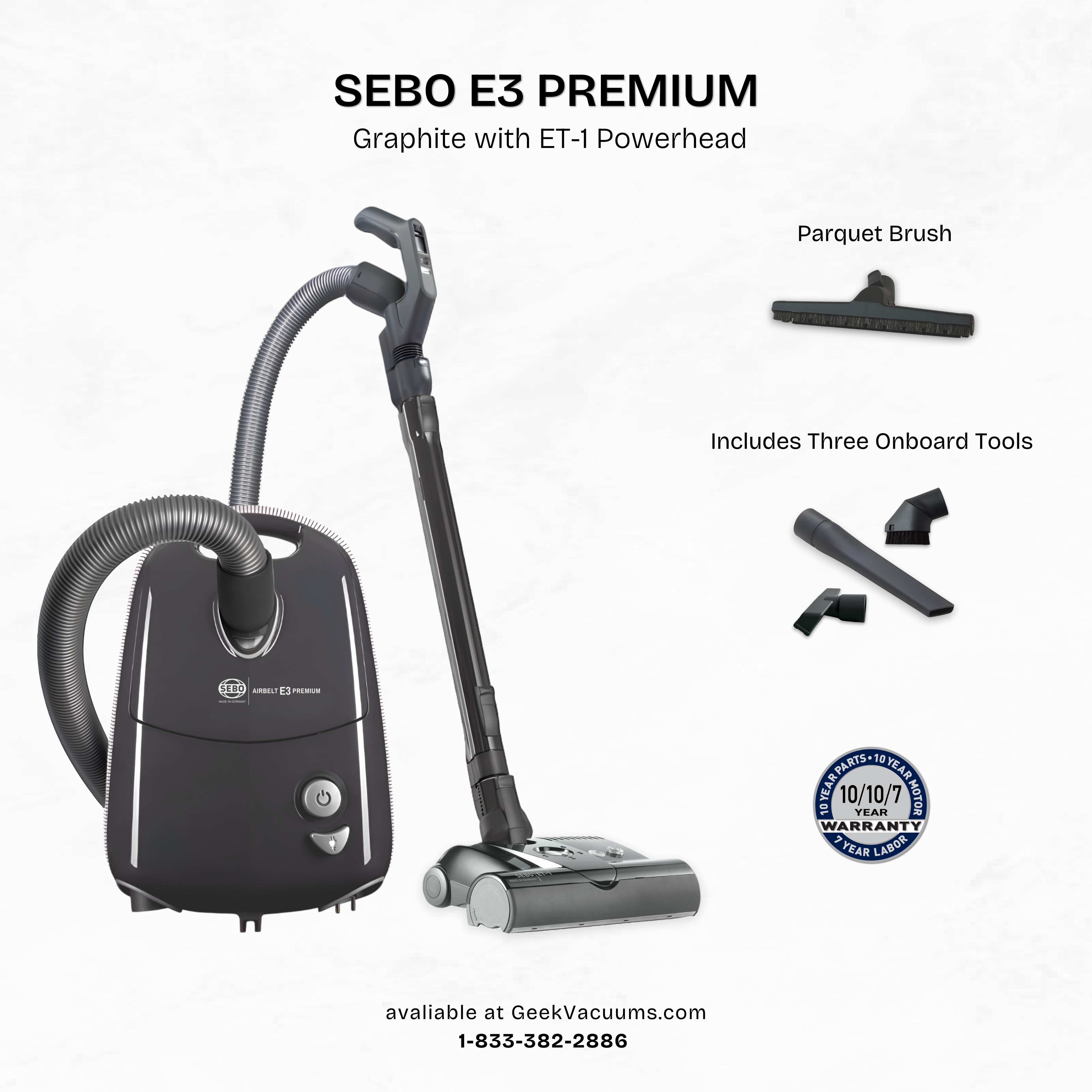 Sebo_E3_Canister_Vacuum_Graphite with parquet brush, crevice tool, dusting brush, and upholstery tool