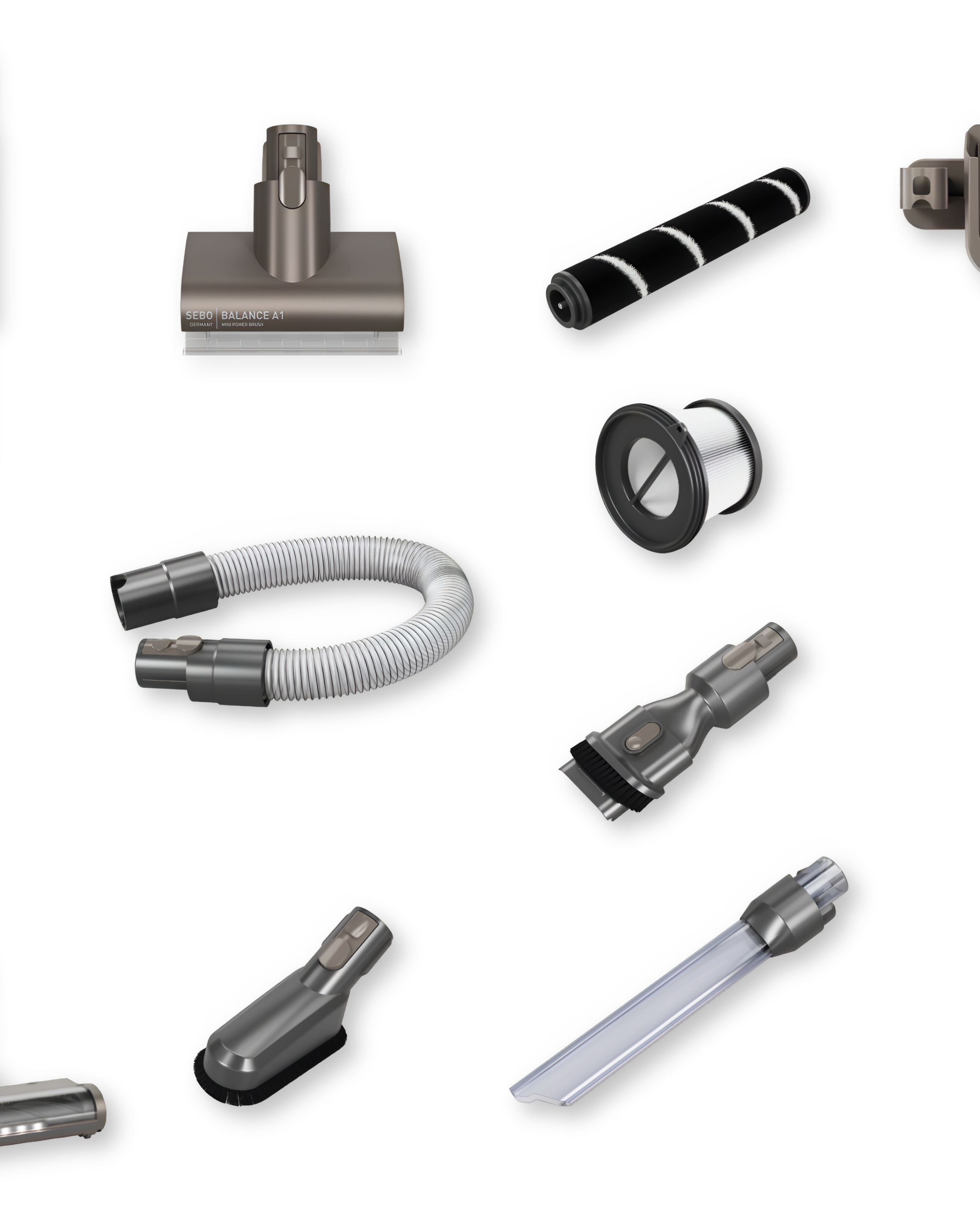 SEBO Balance A1 cordless vacuum with complete accessory kit and wall charger