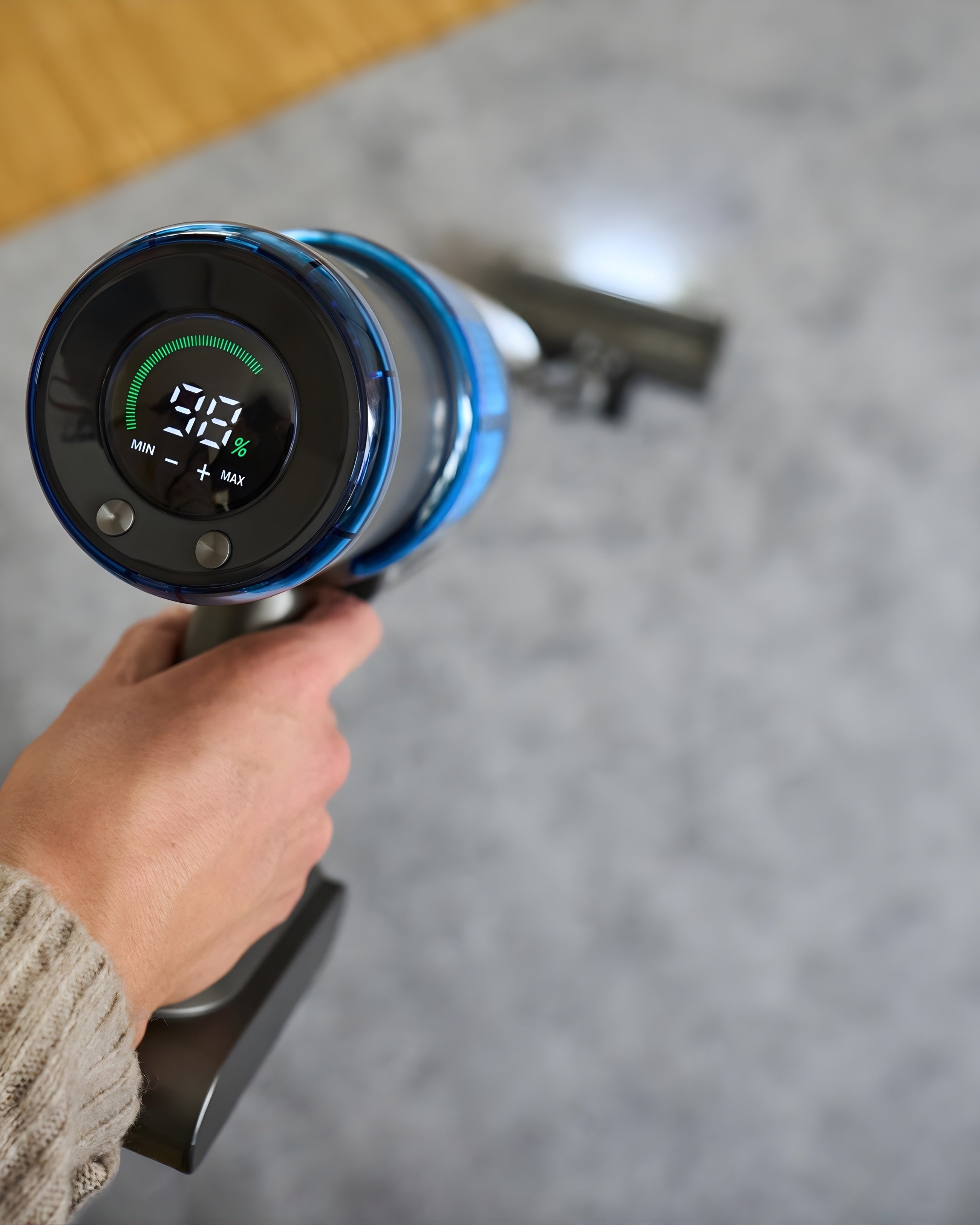 Sebo Balance A1 Blue cordless stick vacuum batter charge LED Display