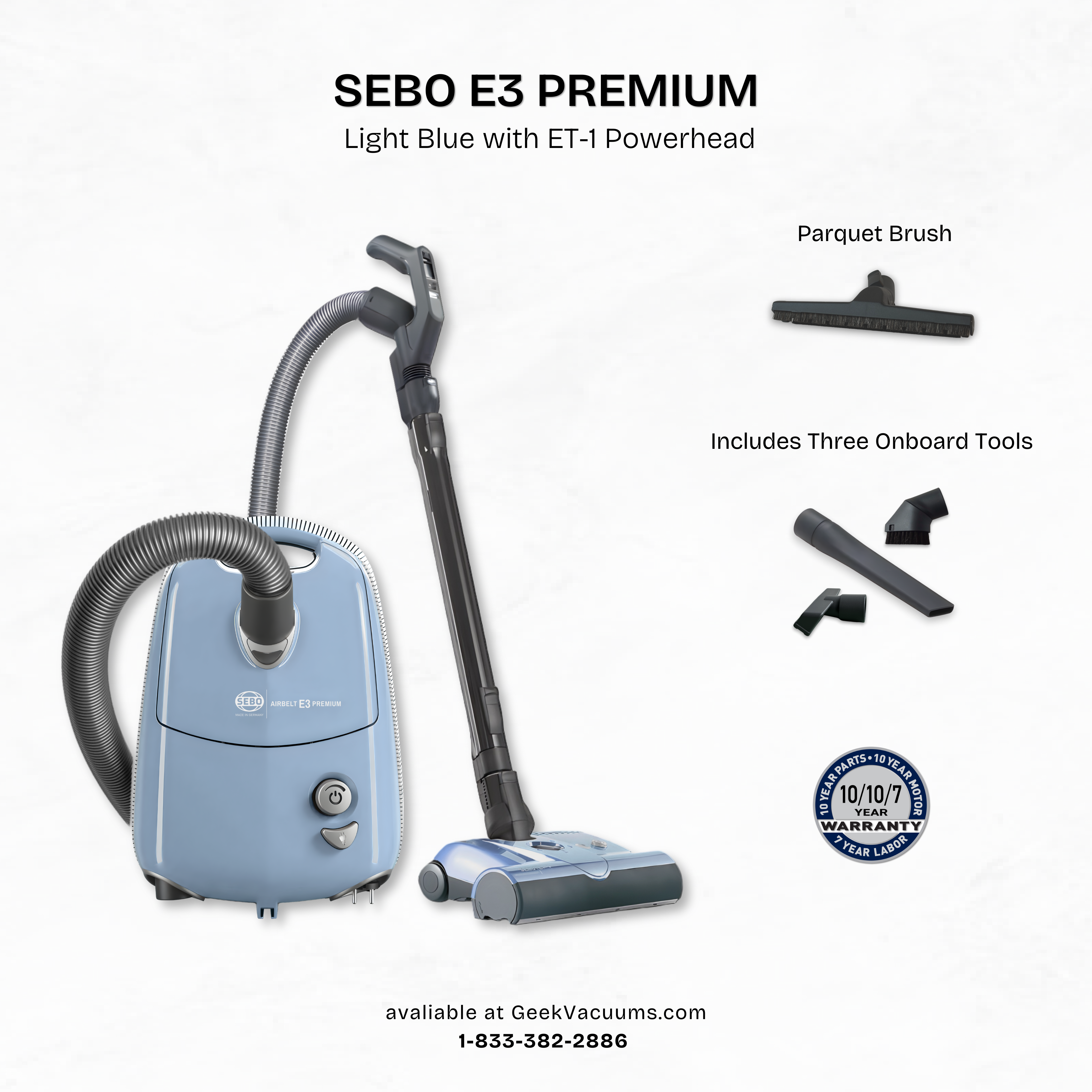 Sebo_E3_Canister_Vacuum light blue pastel with parquet brush, crevice tool, dusting brush, and upholstery tool
