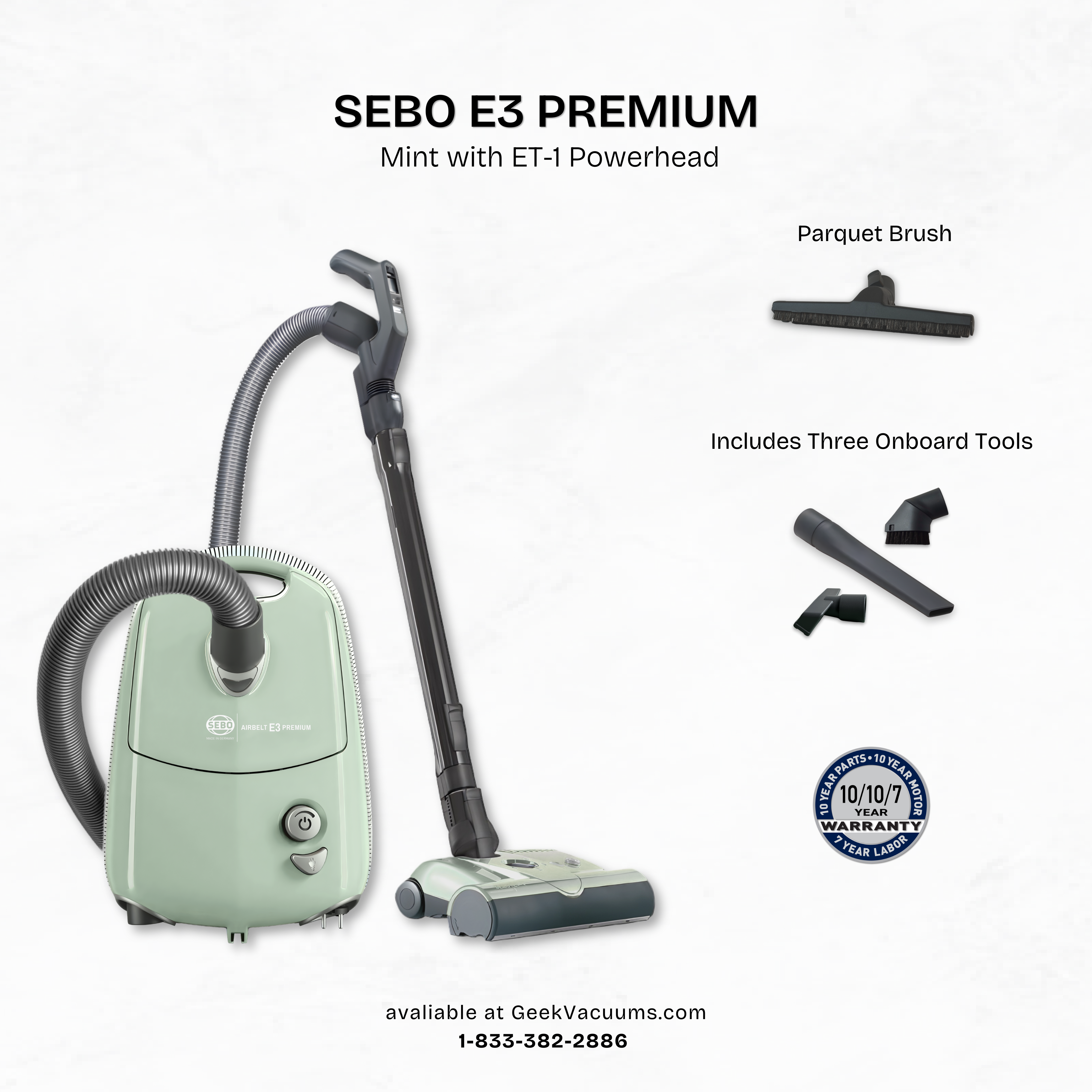 Sebo_E3_Canister_Vacuum_pastel mint green with parquet brush, crevice tool, dusting brush, and upholstery tool