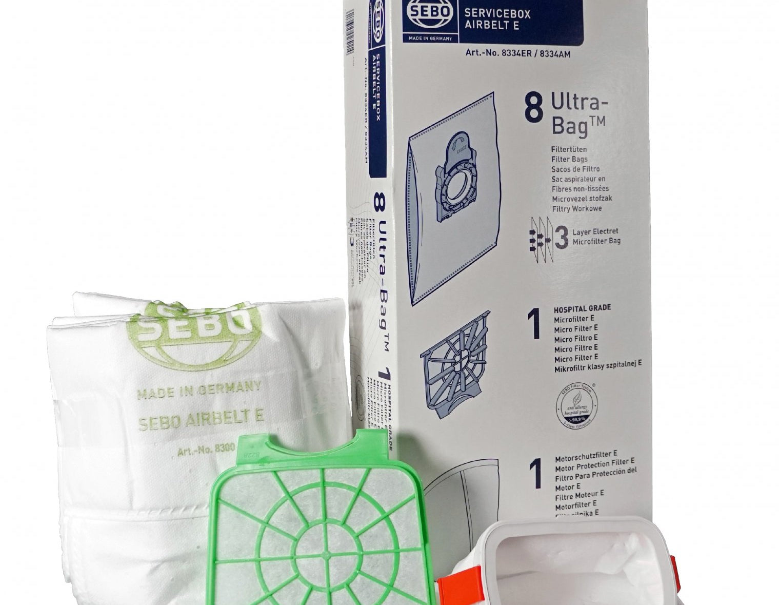 SEBO E Series service box 8 Bags, 1 pre motor filter, 1 post motor filter