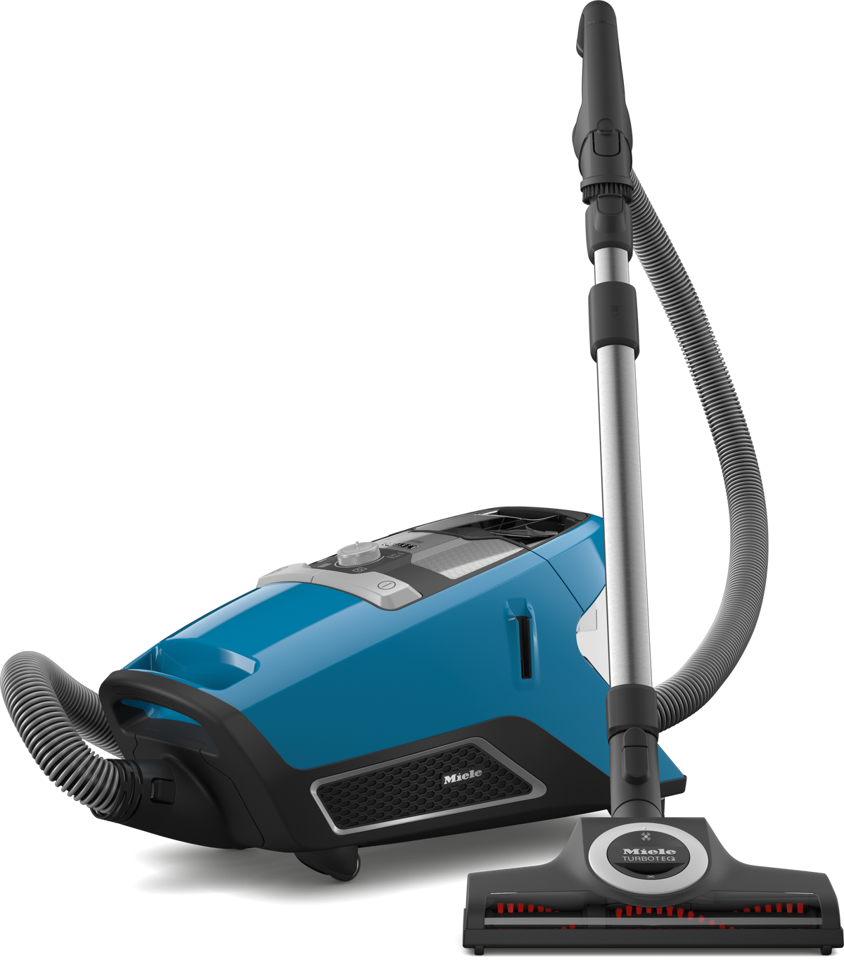 Miele Blizzard CX1 TurboTeam PowerLine bagless canister vacuum in Tech blue, front view