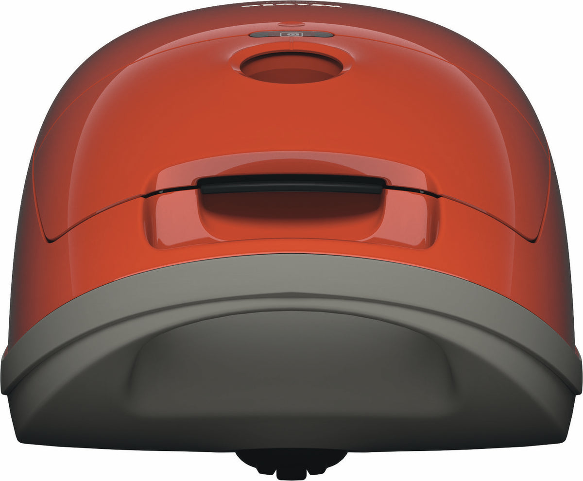 Close-up of the red Miele Guard M1 Terra Red canister vacuum's curved top.