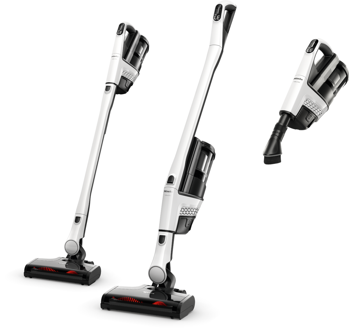Miele Triflex HX3 in Brilliant White shown in its three configurations: Comfort stick, Reach and Compact handheld.