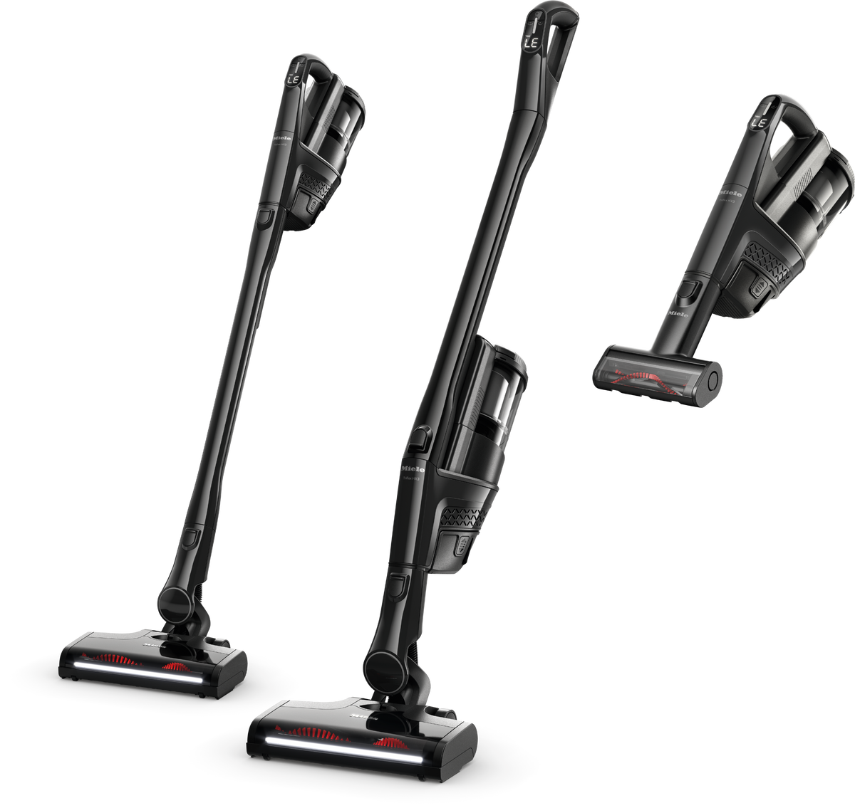 Miele Triflex HX3 Cat & Dog in Obsidian Black shown in its three configurations: Comfort stick, Reach and Compact handheld.