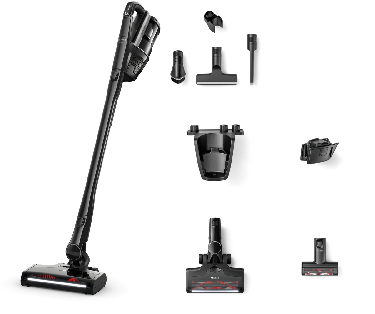 Miele Triflex HX3 Cat & Dog in Obsidian Black with its MultiFloor XXL electrobrush, Electro Compact pet brush, accessory holder and cleaning tools.