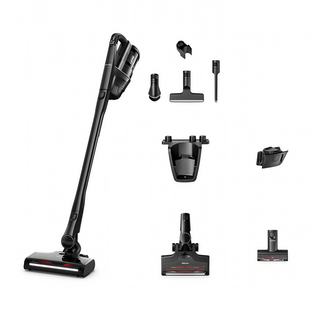 Everything included with the Miele Triflex HX3 Cat & Dog in Obsidian Black: MultiFloor XXL electrobrush with BrilliantLight, Electro Compact pet brush, accessory holder, dusting brush, XL upholstery nozzle, crevice nozzle, wall mount and charger.