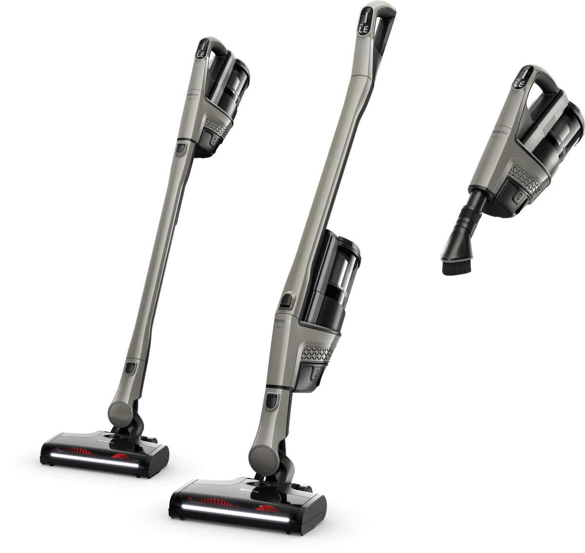 Miele Triflex HX3 Hardfloor in Casa Grey shown in its three configurations: Comfort stick, Reach and Compact handheld.
