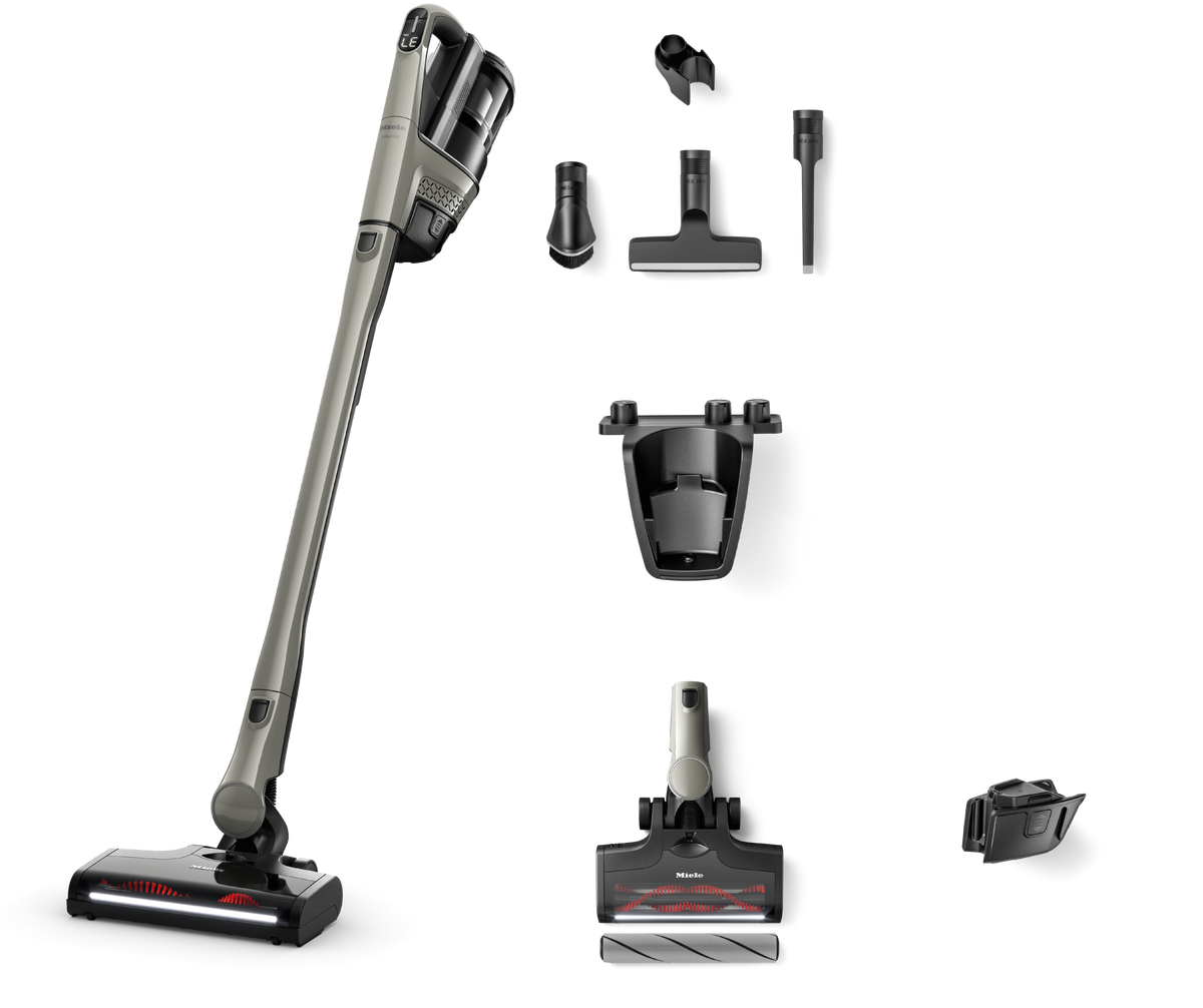 Miele Triflex HX3 Hardfloor in Casa Grey with its MultiFloor XXL electrobrush, Hardfloor Care Tool soft roller, accessory holder and cleaning tools.