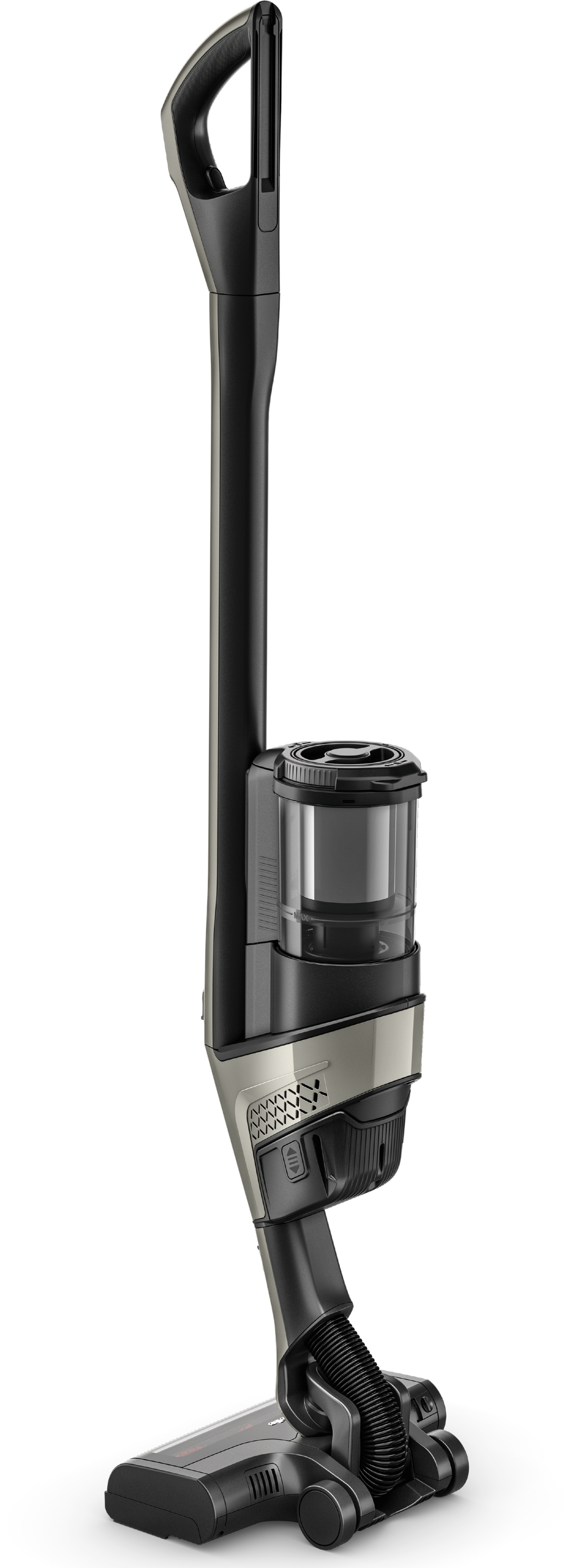 Full-length view of the Miele Triflex HX3 Hardfloor cordless stick vacuum in Casa Grey.