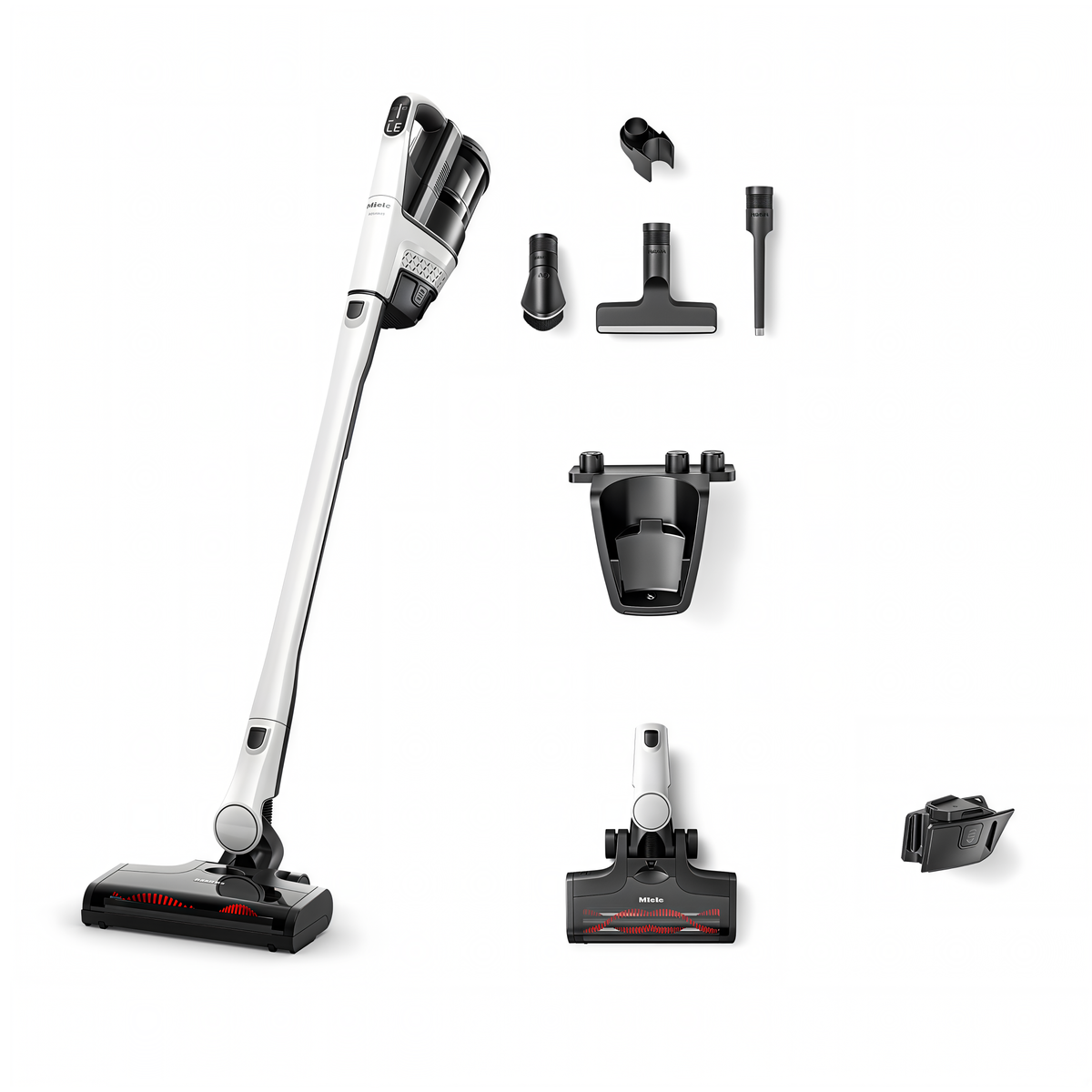 Everything included with the Miele Triflex HX3 in Brilliant White: MultiFloor XXL electrobrush, accessory holder, dusting brush, XL upholstery nozzle, crevice nozzle, wall mount and charger.
