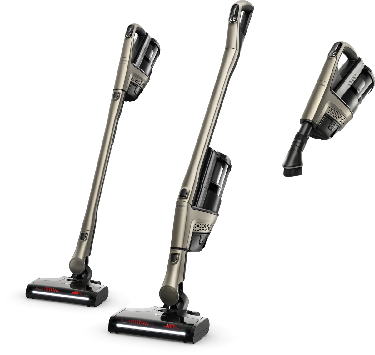 Miele Triflex HX3 Plus in Titanium Pearlfinish shown in its three configurations: Comfort stick, Reach and Compact handheld.