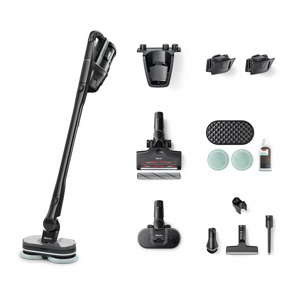 Everything included with the Miele Triflex HX3 Plus Aqua in Obsidian Black: MultiFloor XXL electrobrush with BrilliantLight, AquaTwister wet floorhead with two AquaPads, Miele FloorClean solution, Hardfloor Care Tool soft roller, a second lithium-ion battery, accessory holder, dusting brush, XL upholstery nozzle, crevice nozzle, wall mount and charger.