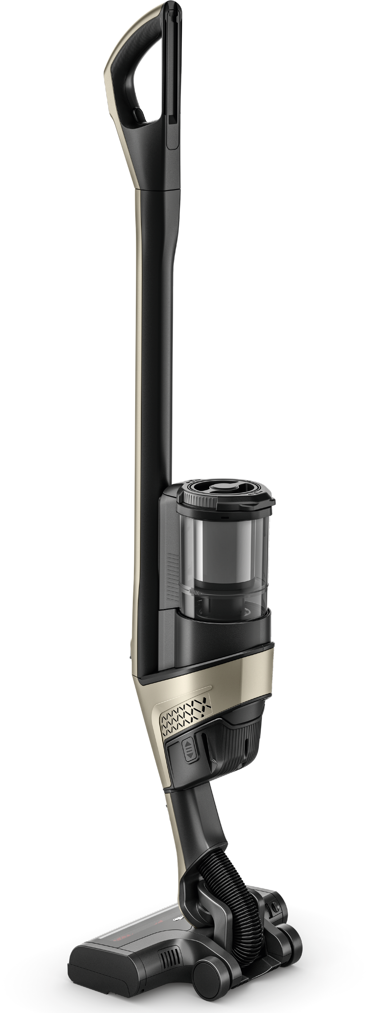 Full-length view of the Miele Triflex HX3 Plus cordless stick vacuum in Titanium Pearlfinish.