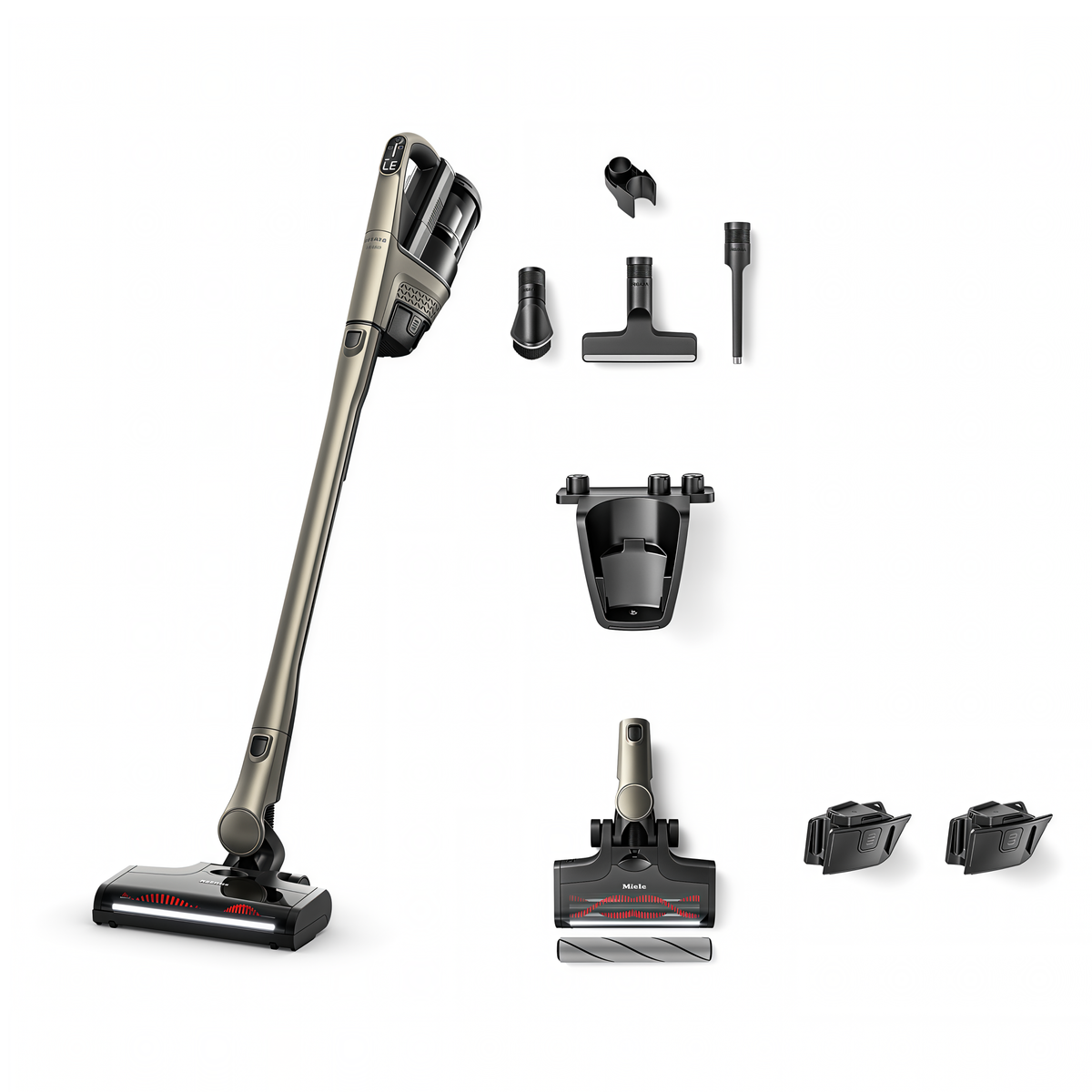 Everything included with the Miele Triflex HX3 Plus in Titanium Pearlfinish: MultiFloor XXL electrobrush with BrilliantLight, Hardfloor Care Tool soft roller, a second lithium-ion battery, accessory holder, dusting brush, XL upholstery nozzle, crevice nozzle, wall mount and charger.