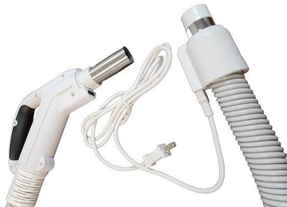 Premium pigtail dual voltage central vacuum hose with its power cord.