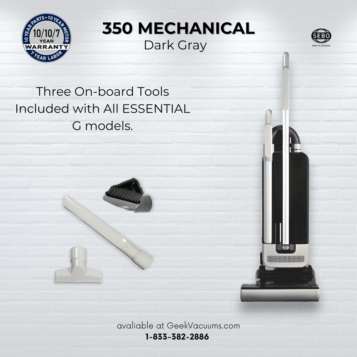 SEBO 350 Mechanical upright vacuum in dark gray with the three included onboard tools.
