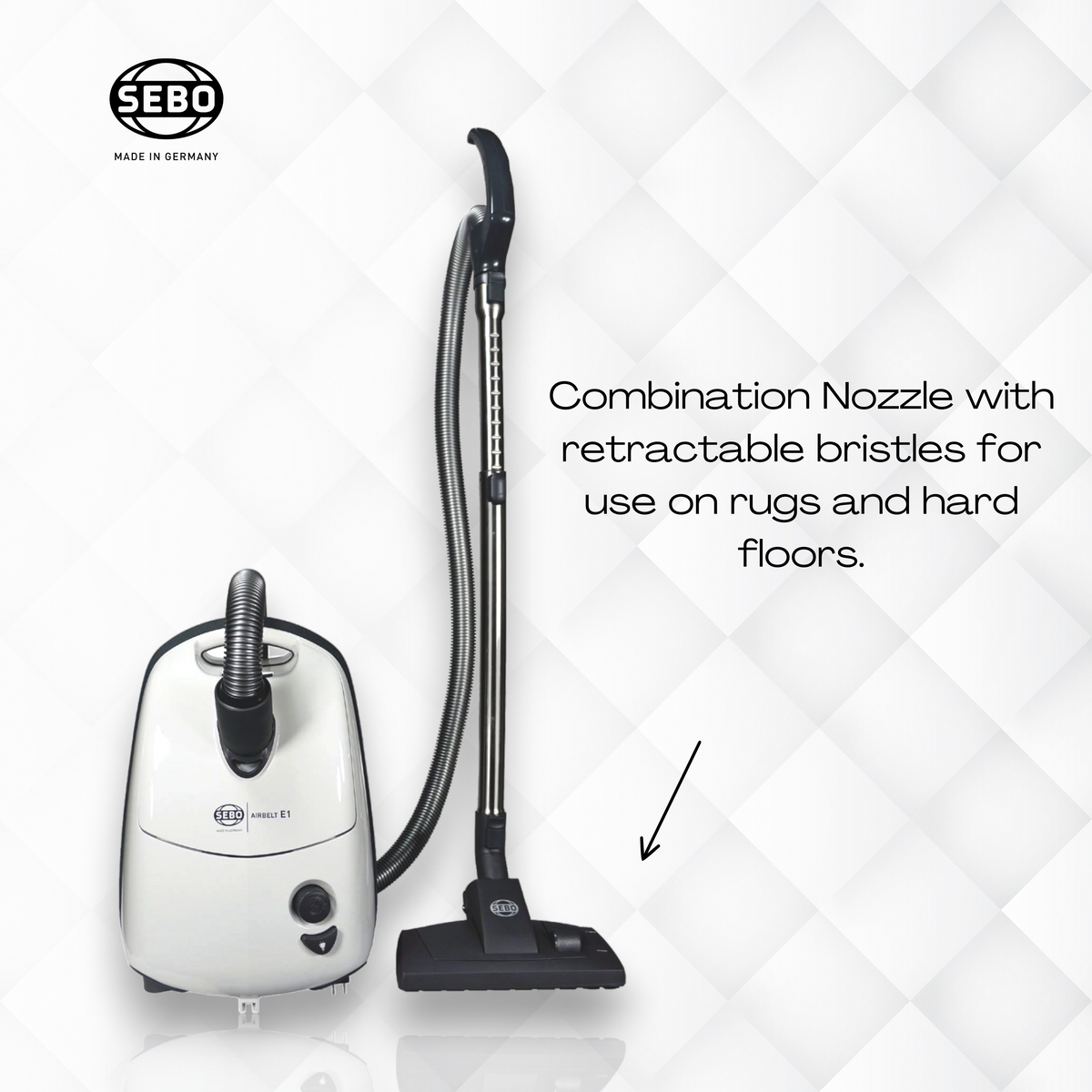 SEBO Airbelt E1 Kombi with combination nozzle for rugs and hard floors.