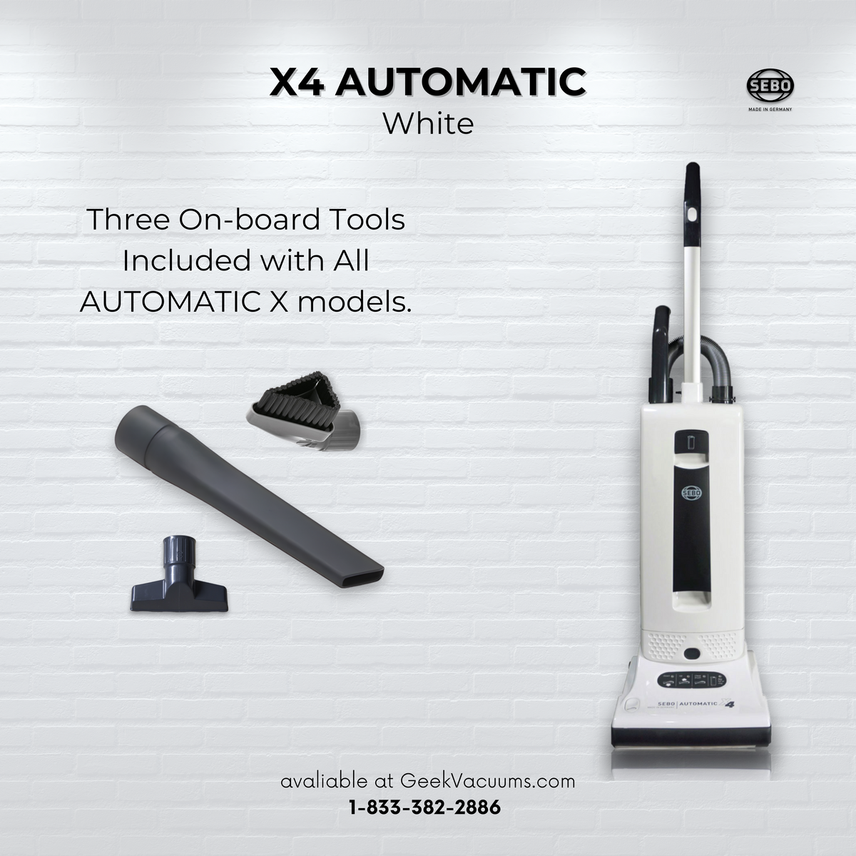 SEBO Automatic X4 upright vacuum in white with the three included onboard tools.