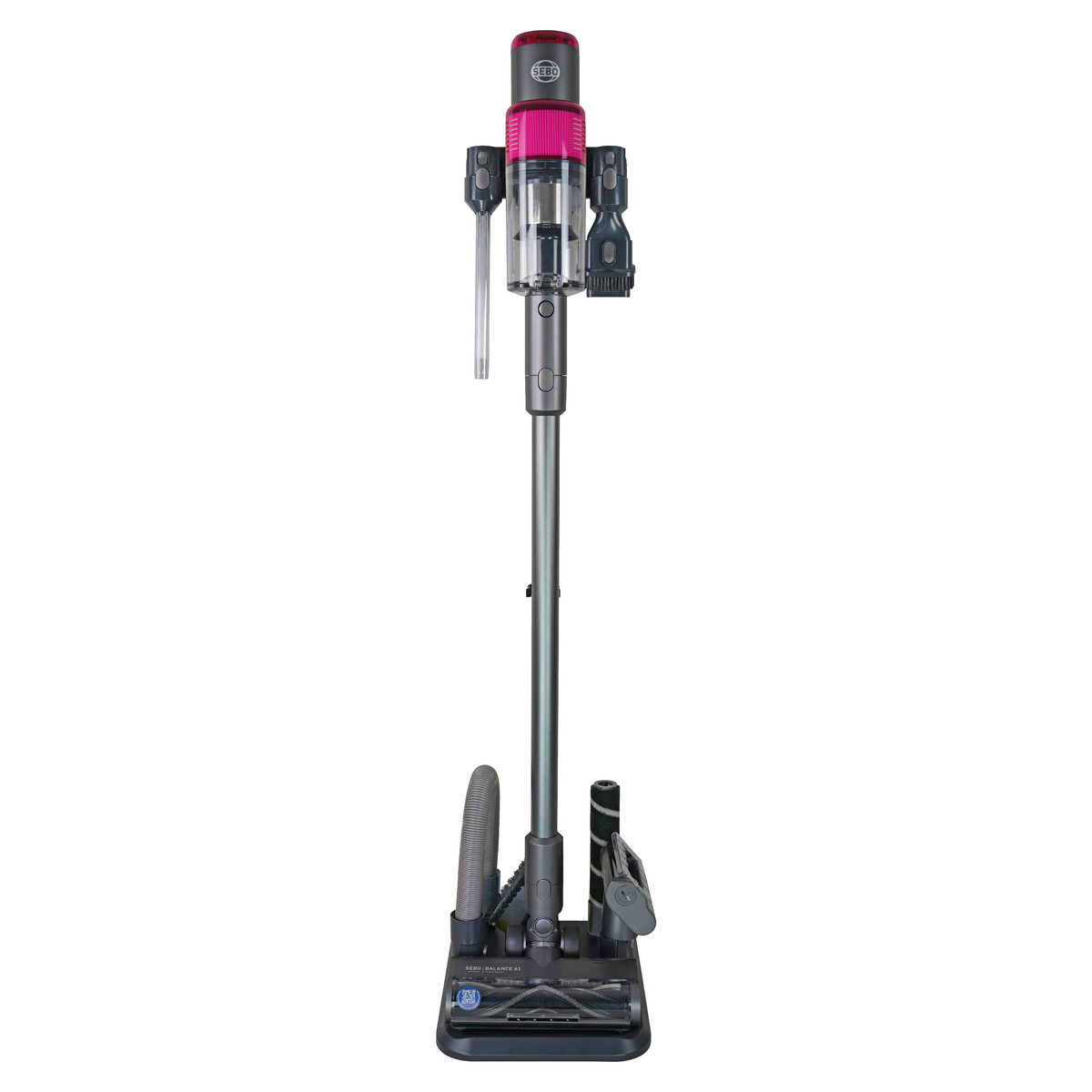 SEBO Balance A1 in Magenta on its storage stand with tools.