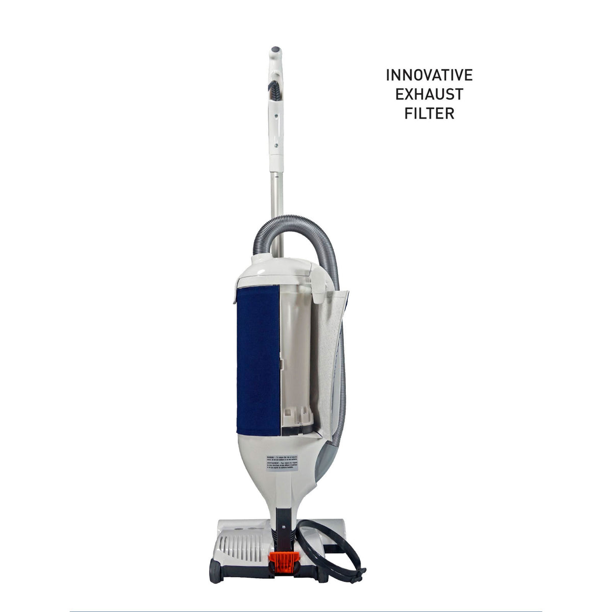 White and navy SEBO Dart upright vacuum highlighting its innovative exhaust filter.