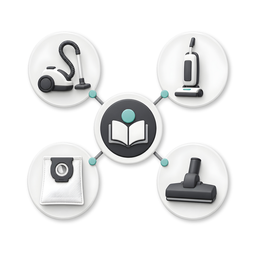 Symbol representing vacuum parts, filtration, and vacuum type explanations.