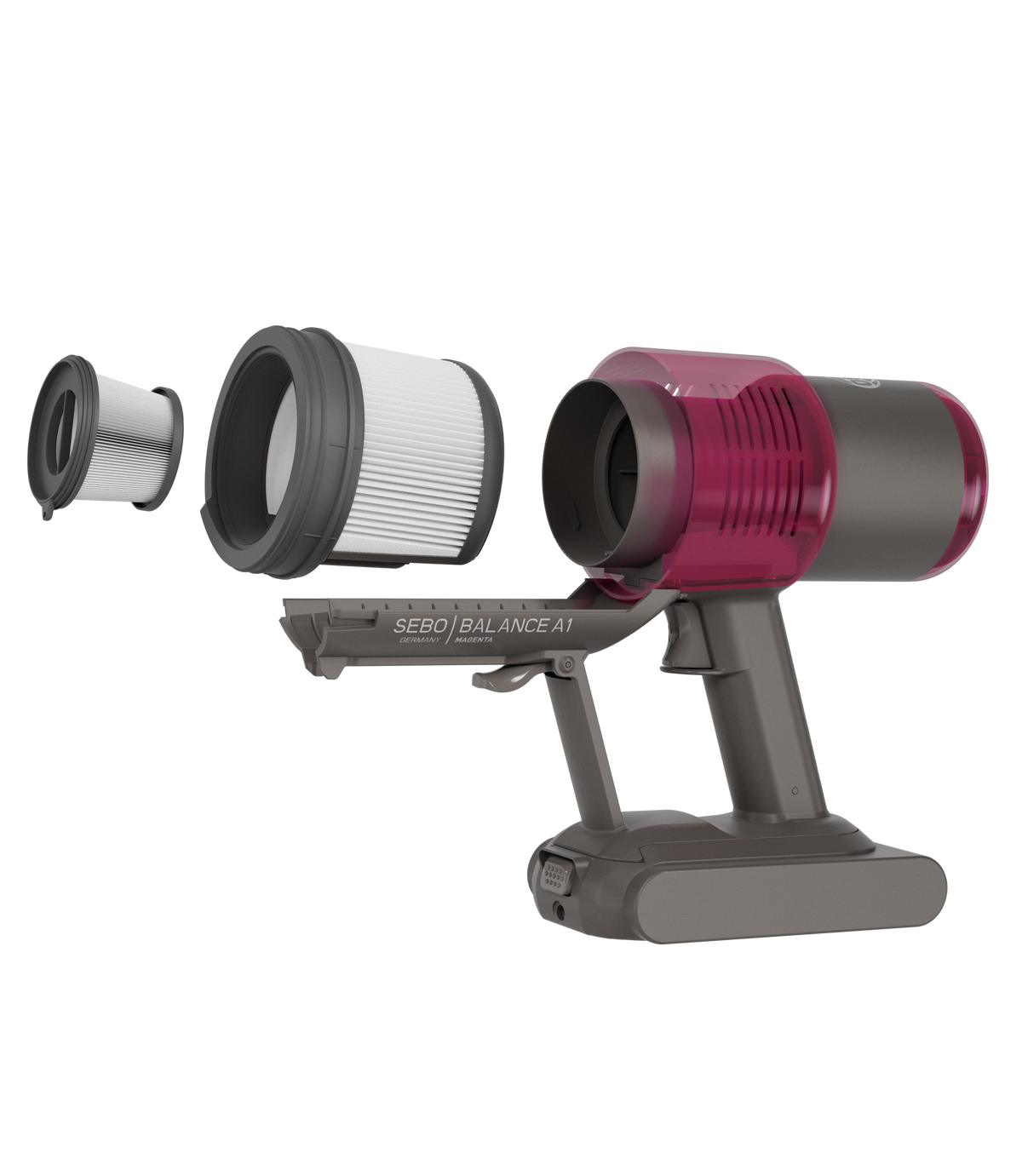Exploded view of the SEBO Balance A1 filters in Magenta.