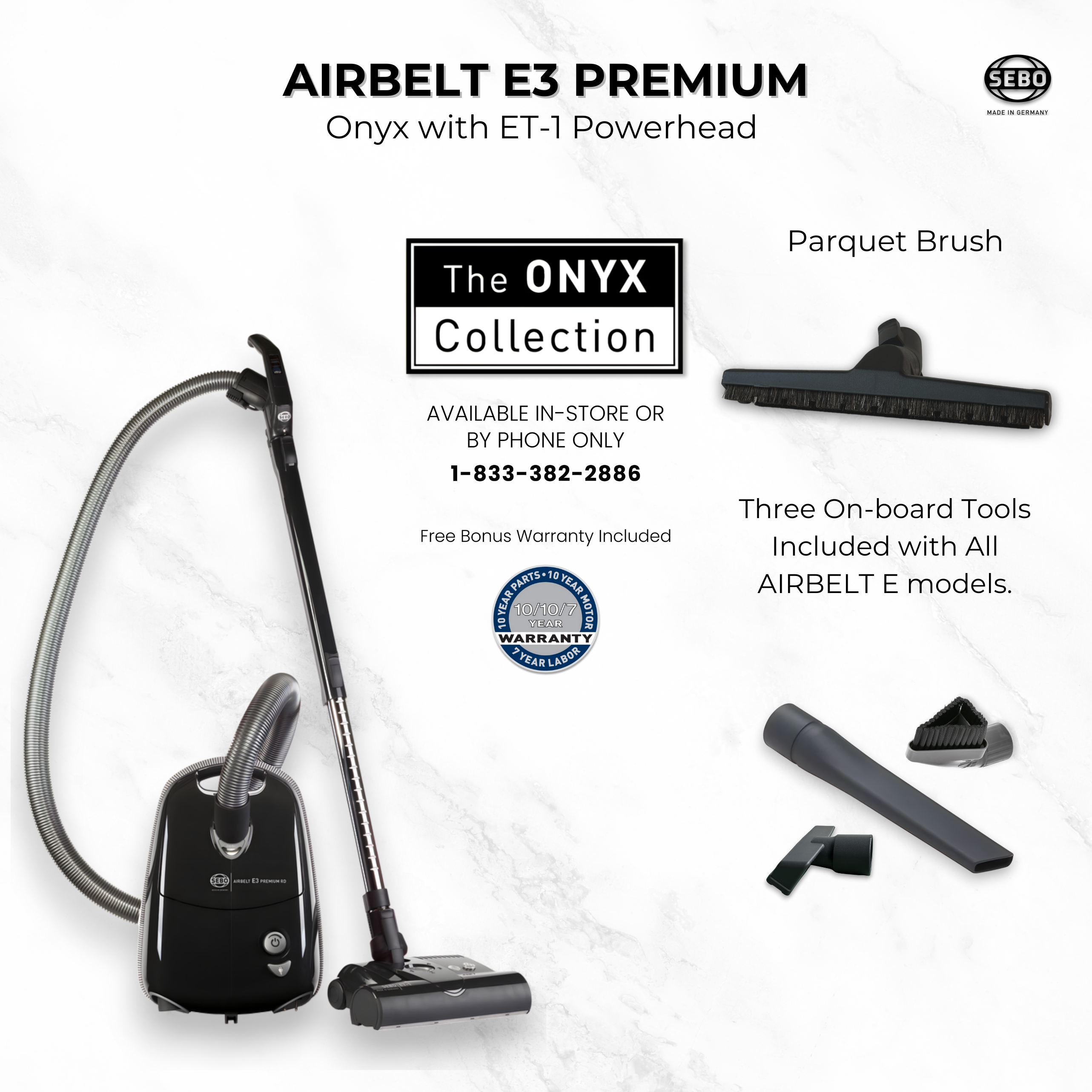 Sebo Airbelt E3 Premium onyx  with parquet brush upholstery tool, dusting brush and crevice tool for hardwood floors and carpet 
