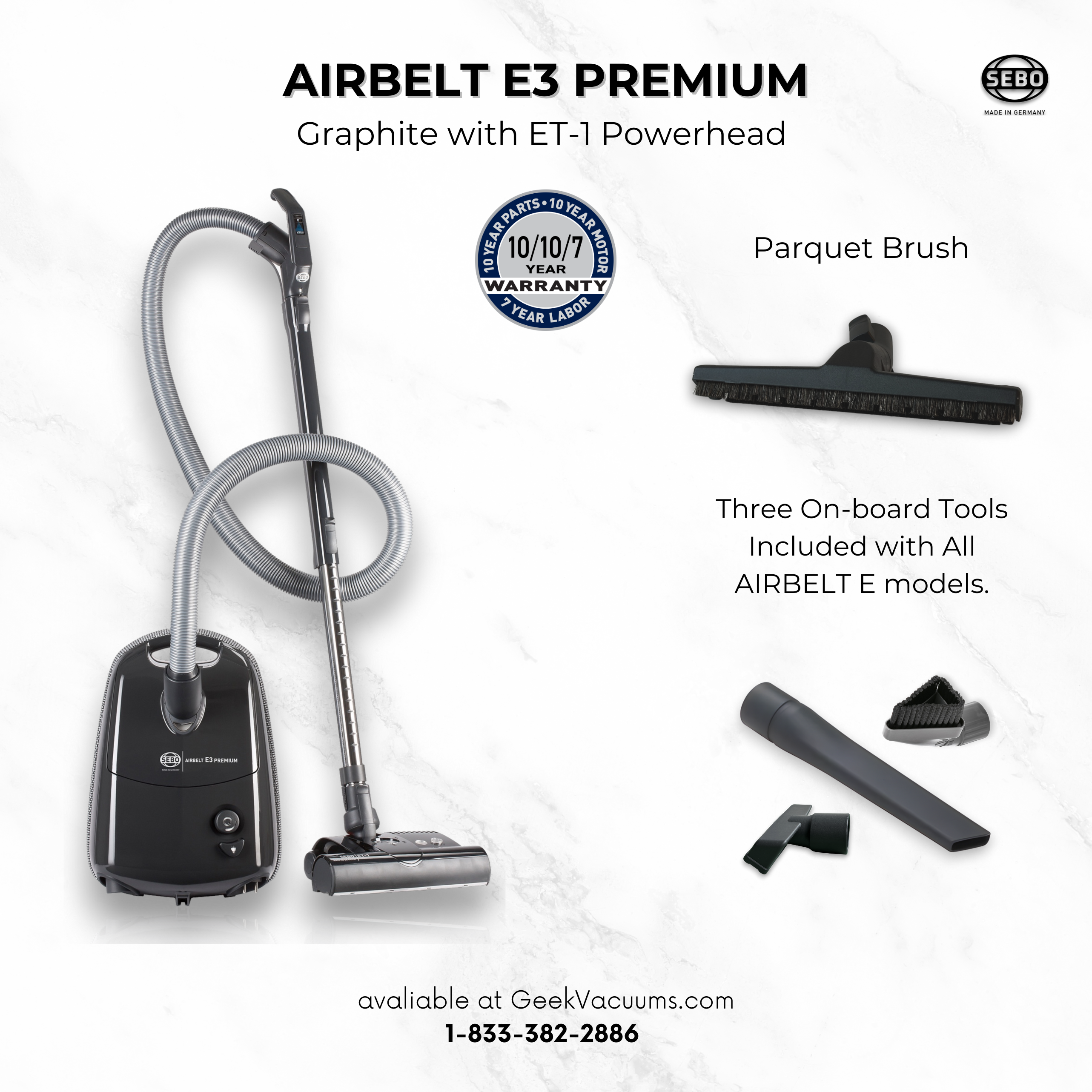10 year warranty Sebo Airbelt E3 Premium onyx with parquet brush upholstery tool, dusting brush and crevice tool for hardwood floors and carpet 