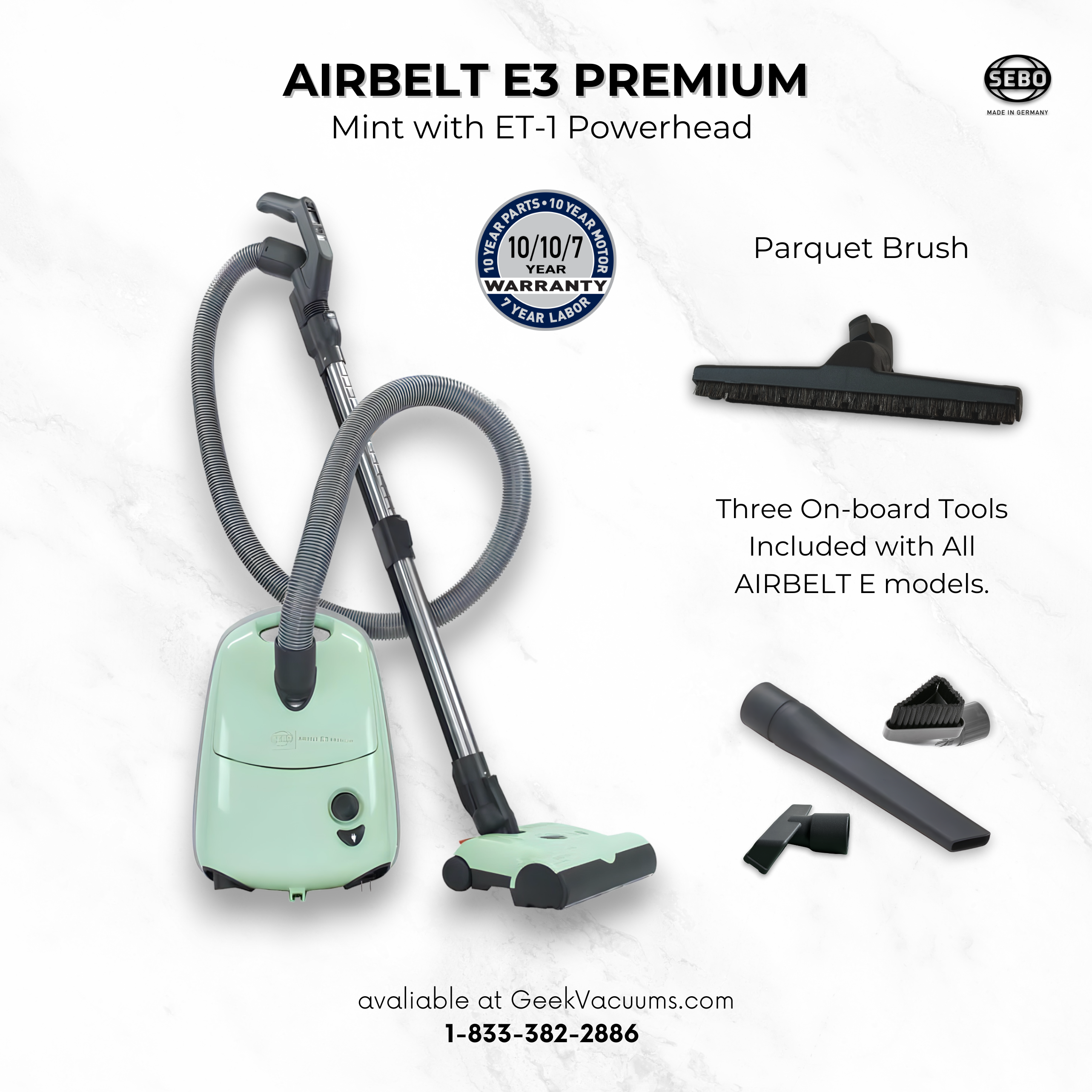 Sebo Airbelt E3 Premium mint with parquet brush upholstery tool, dusting brush and crevice tool for hardwood floors and carpet Sebo extended 10 year warranty 