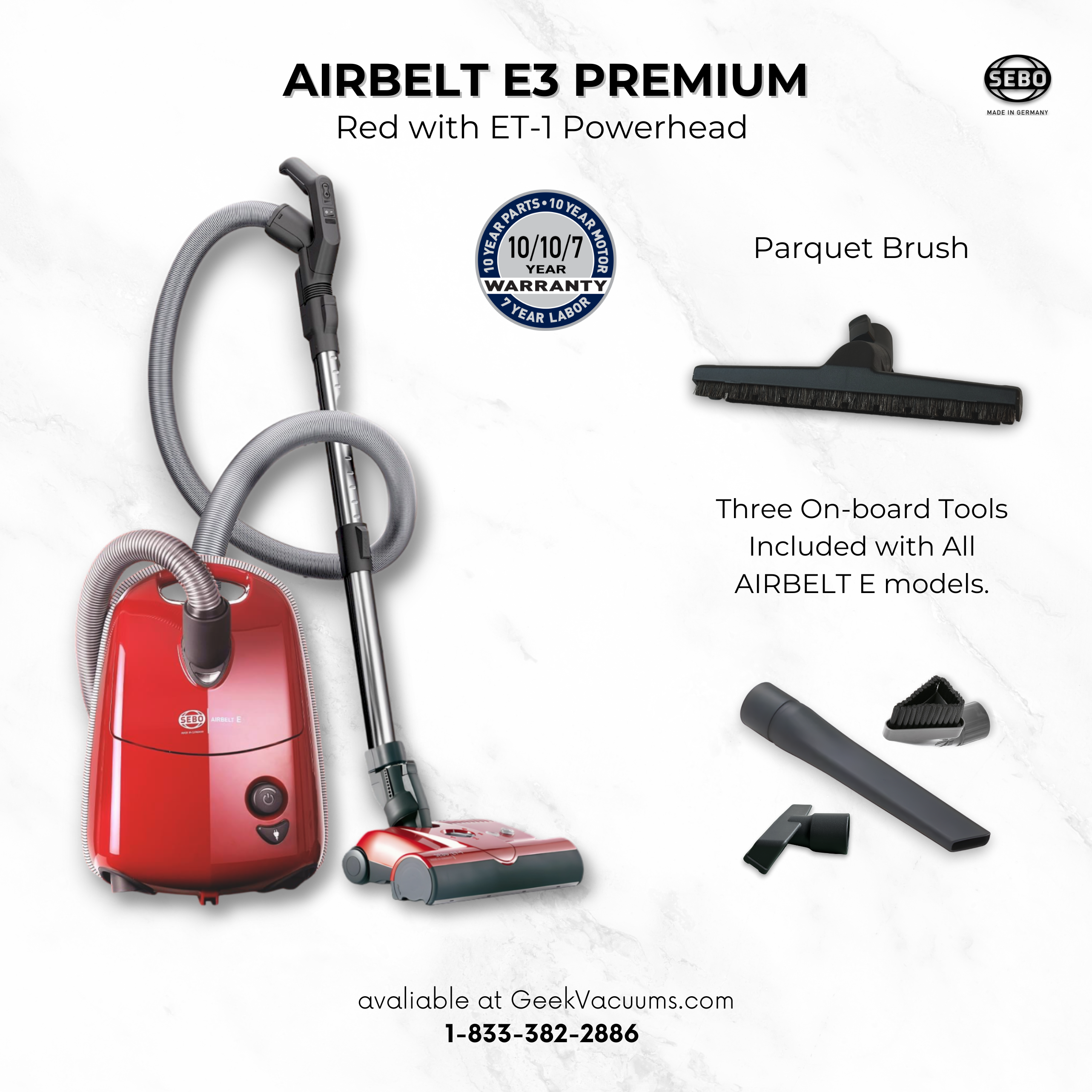Sebo Airbelt E3 Premium red with parquet brush upholstery tool, dusting brush and crevice tool for hardwood floors and carpet Sebo 10 year warranty included 