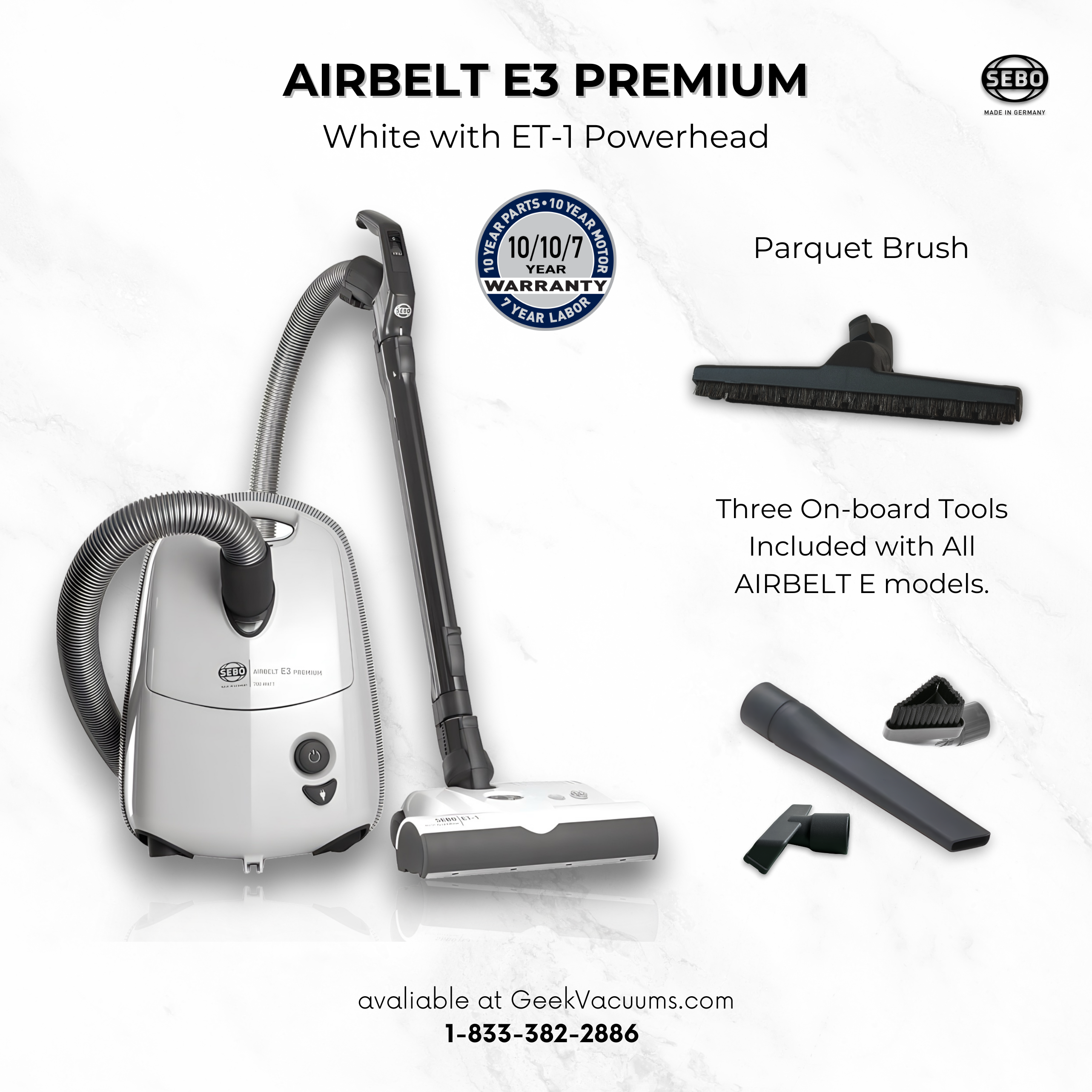 Sebo Airbelt E3 Premium white with parquet brush upholstery tool, dusting brush and crevice tool for hardwood floors and carpet 