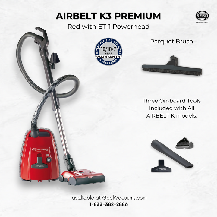 Red Sebo airbelt K3 Premium with parquet brush 3 onboard tools for pet hair and hardwood floors 