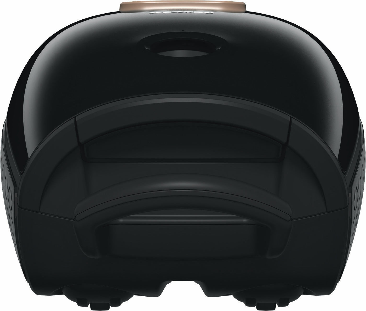 Black Miele canister vacuum on a white background