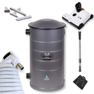 Central Vacuum system unit parts and accessories with white Sebo commercial powerhead and black bag tools and wand on a white background with a powered 110v white hose