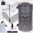 Central Vacuum system unit parts and accessories with white Sebo commercial powerhead and black bag tools and wand on a white background featuring the sebo powerhead in overlay with a powered 110v white hose